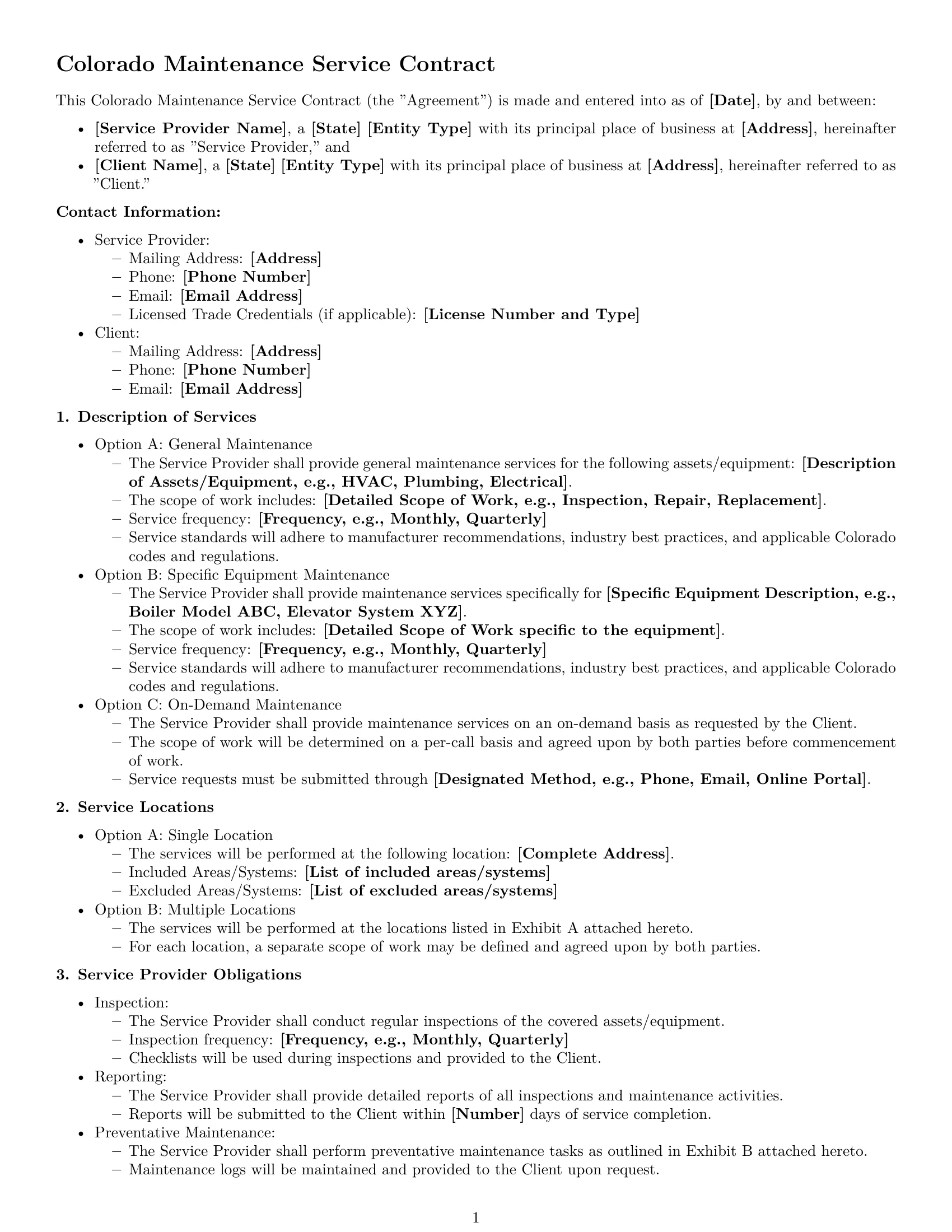 Preview page 1 of Free Colorado maintenance service contract template