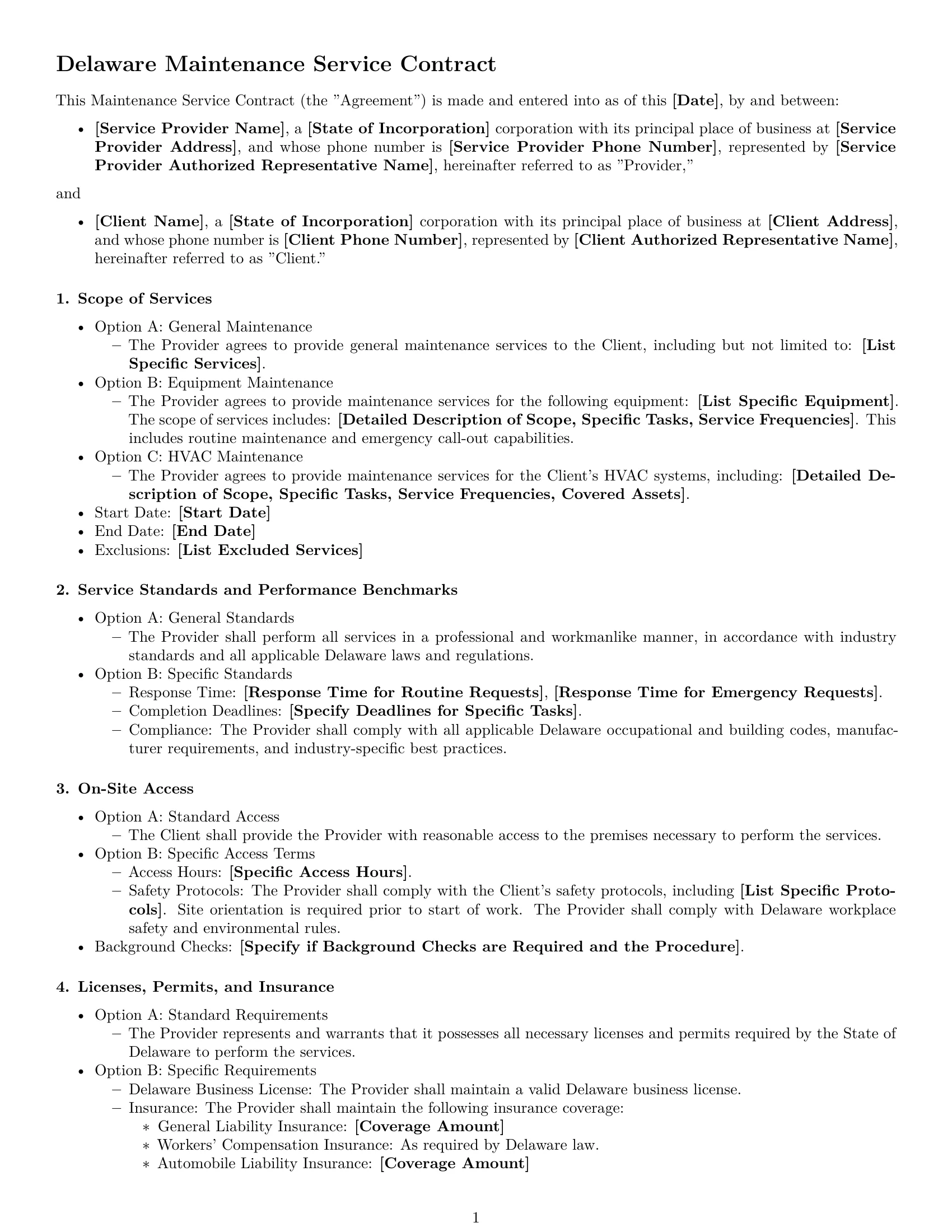 Preview page 1 of Free Delaware maintenance service contract template