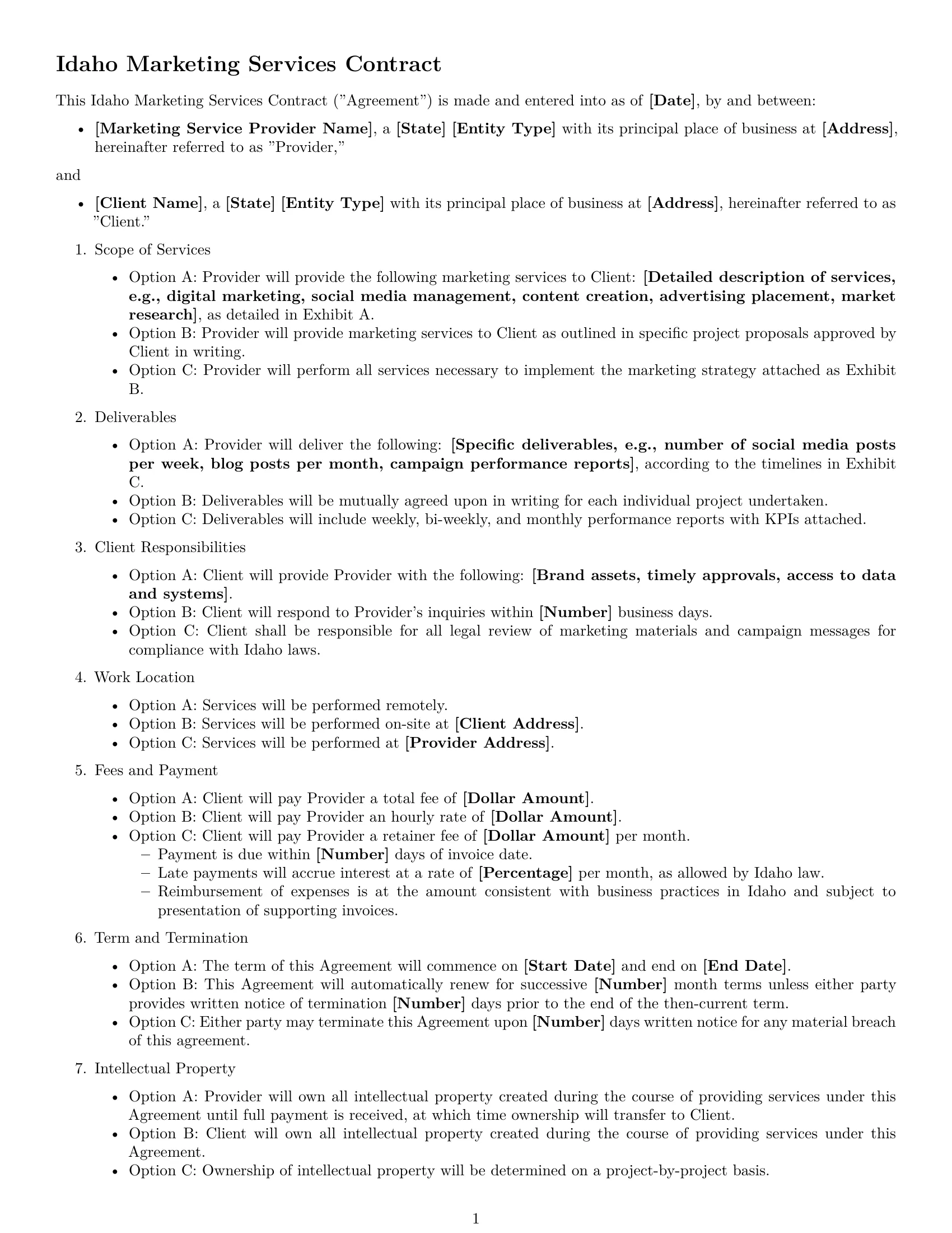 Preview page 1 of Free Idaho marketing service contract template