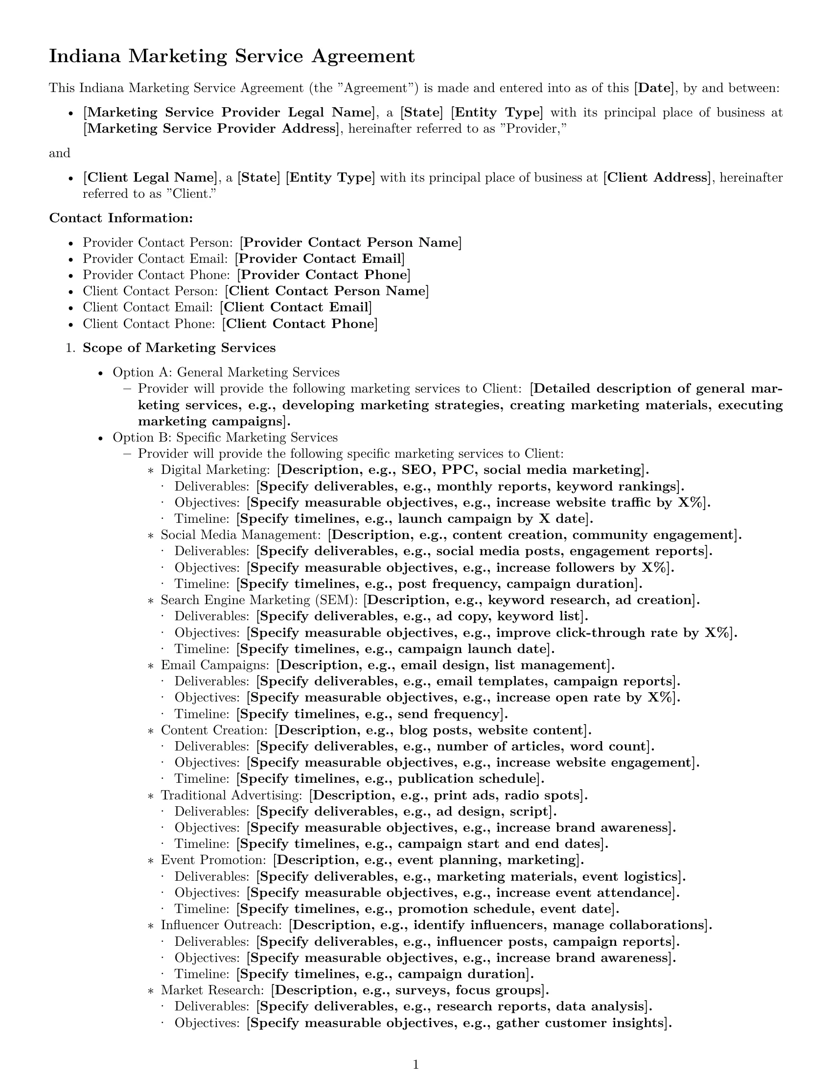 Preview page 1 of Free Indiana marketing service contract template