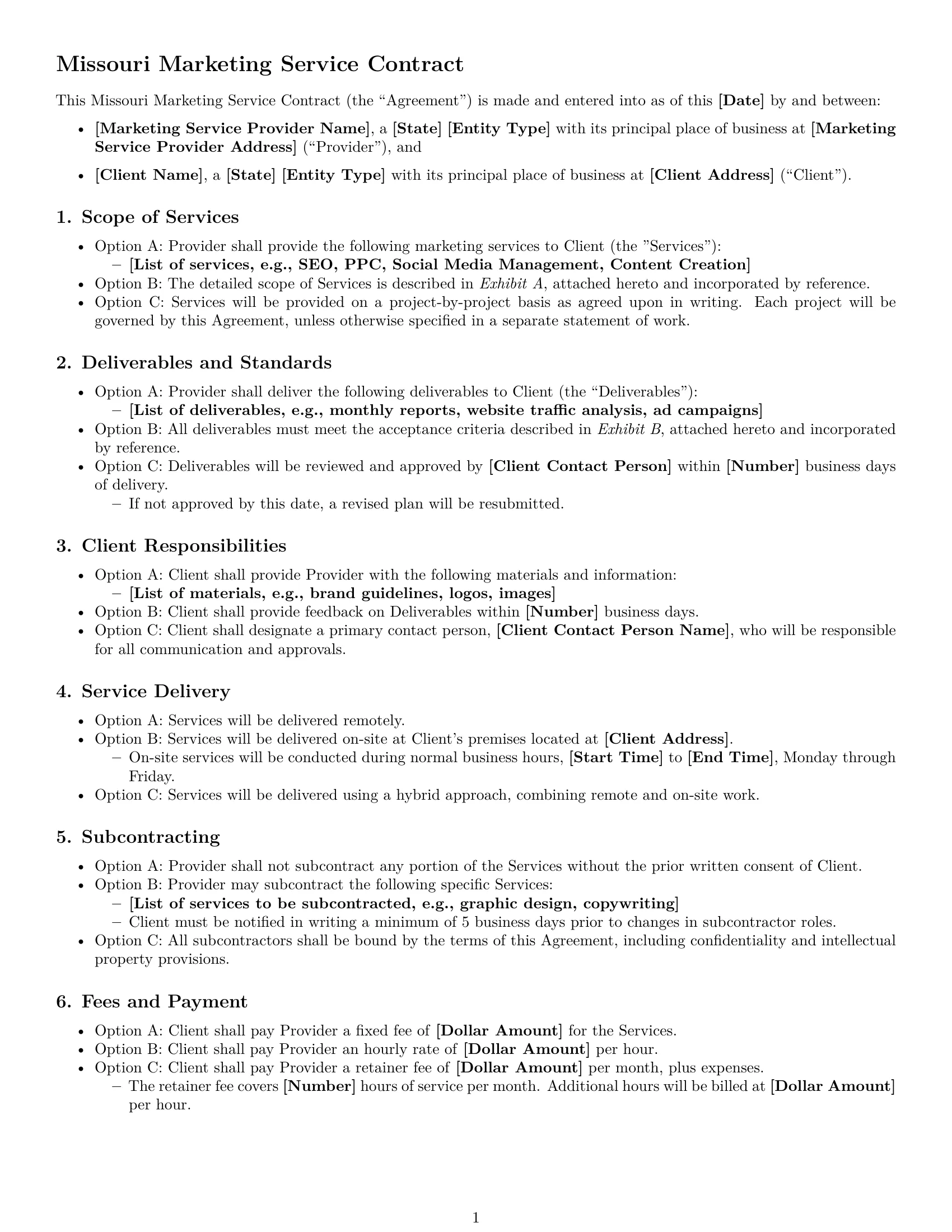 Preview page 1 of Free Missouri marketing service contract template