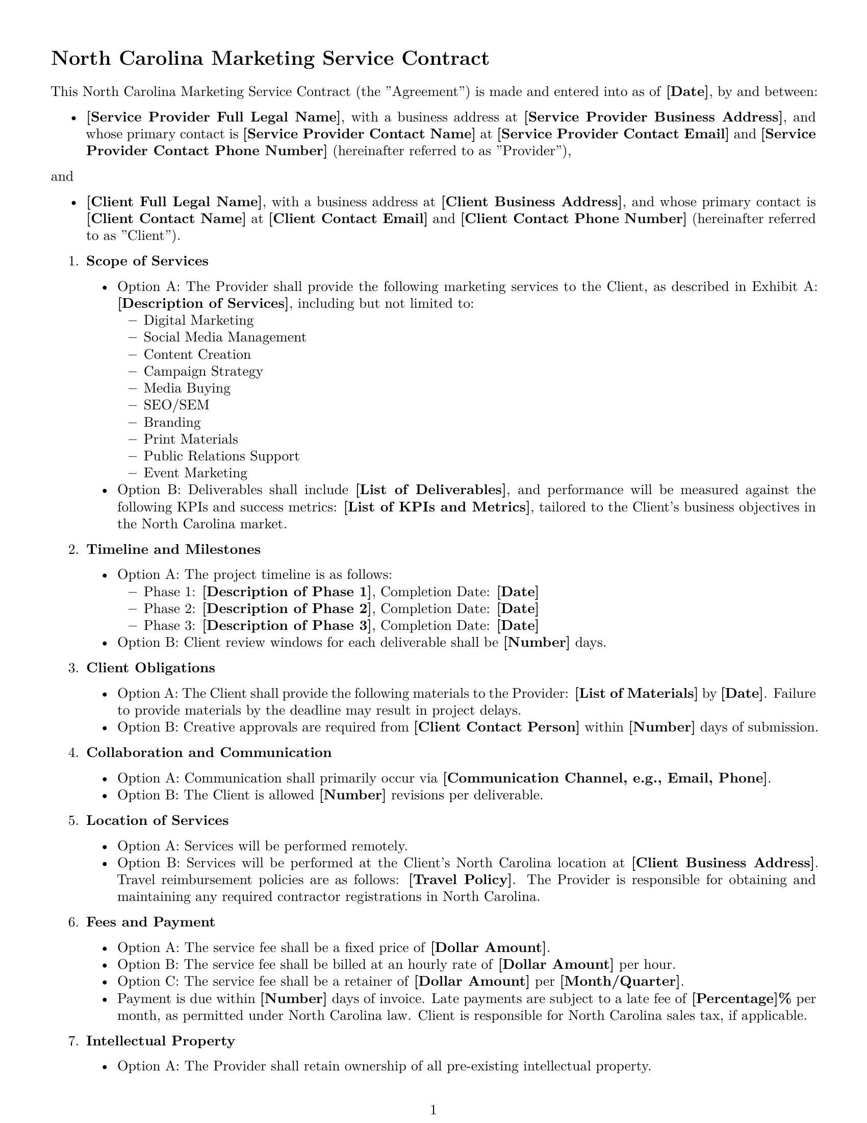 Preview page 1 of Free North Carolina marketing service contract template