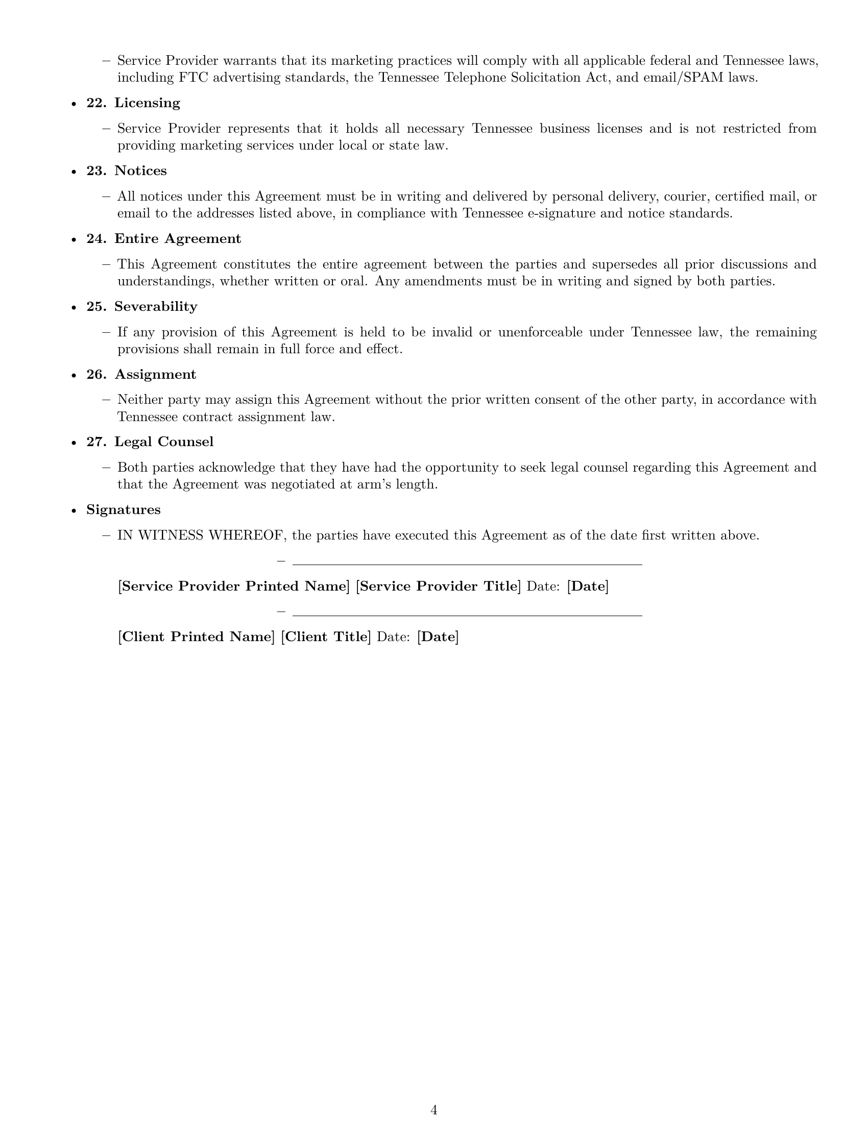 Preview page 4 of Free Tennessee marketing service contract template