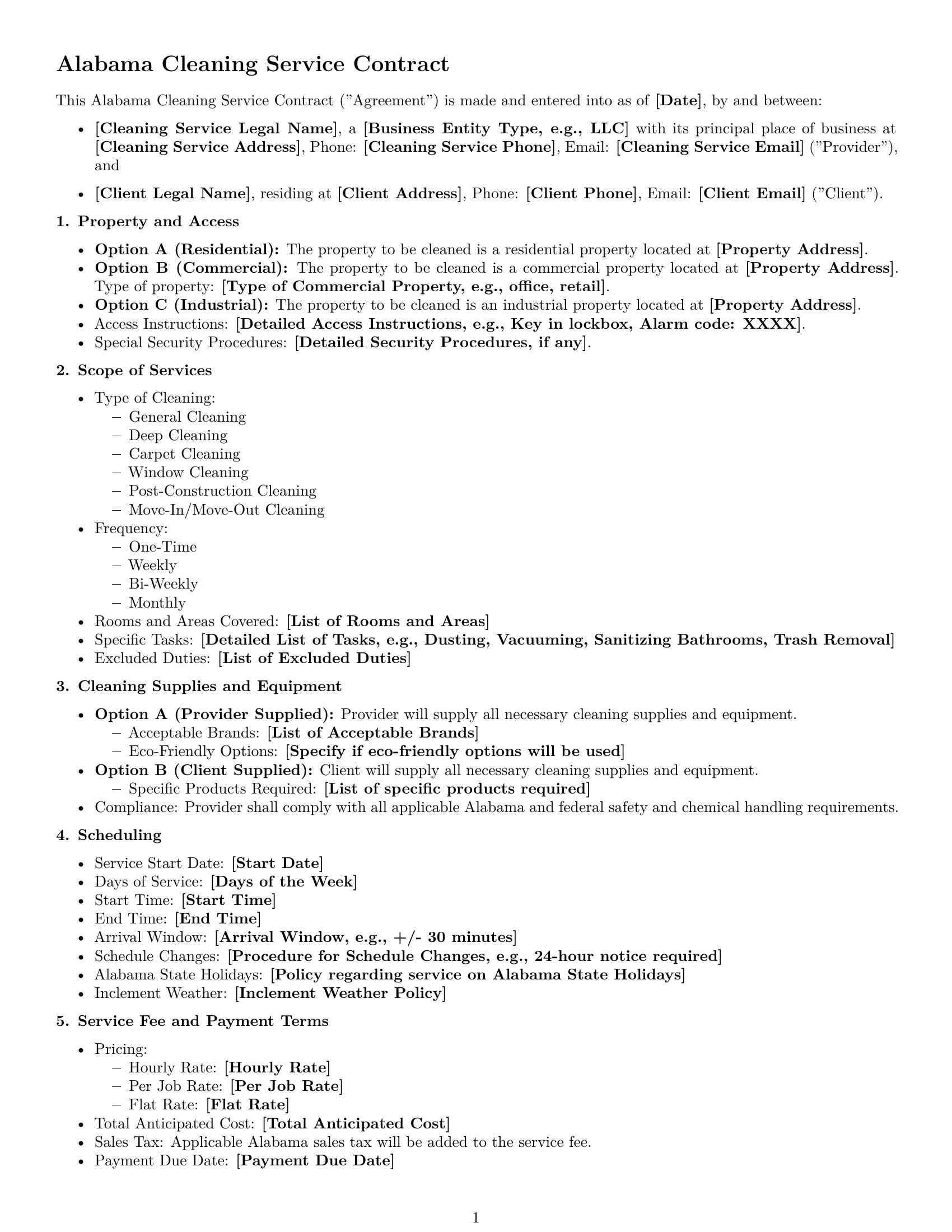 Preview page 1 of Free Alabama cleaning service contract template
