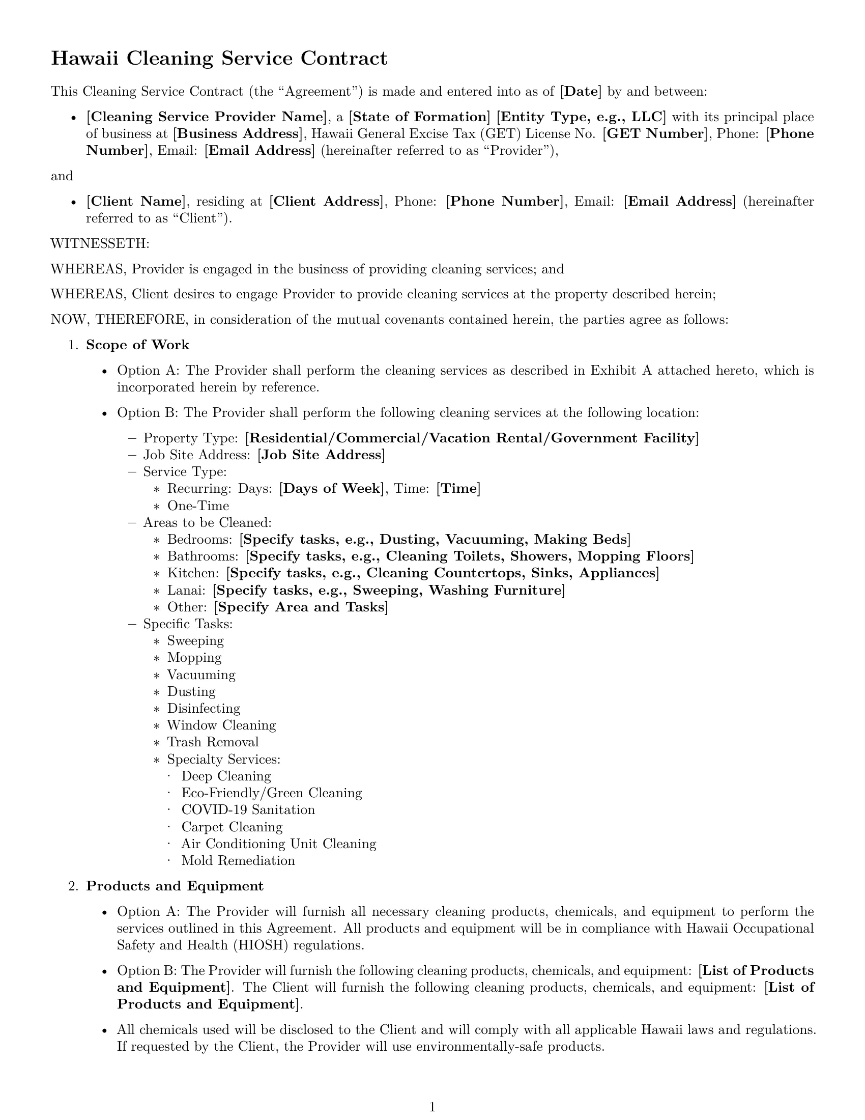 Preview page 1 of Free Hawaii cleaning service contract template