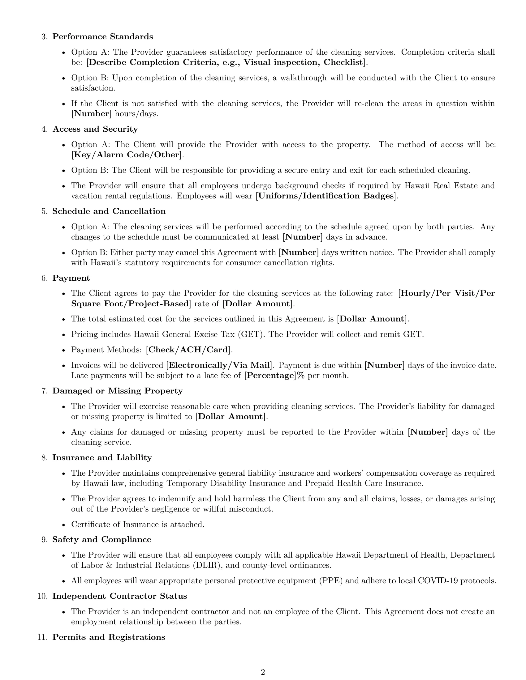 Preview page 2 of Free Hawaii cleaning service contract template