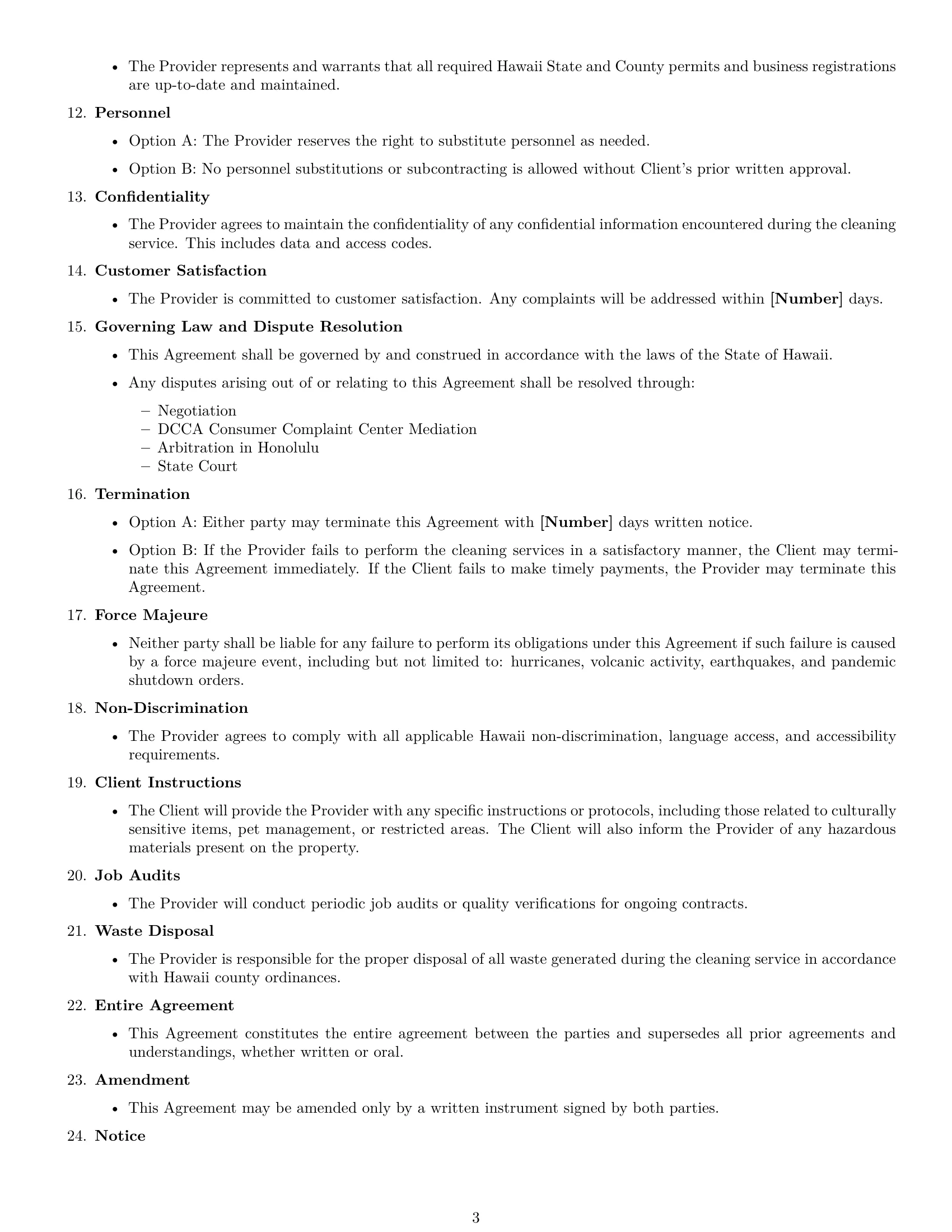 Preview page 3 of Free Hawaii cleaning service contract template