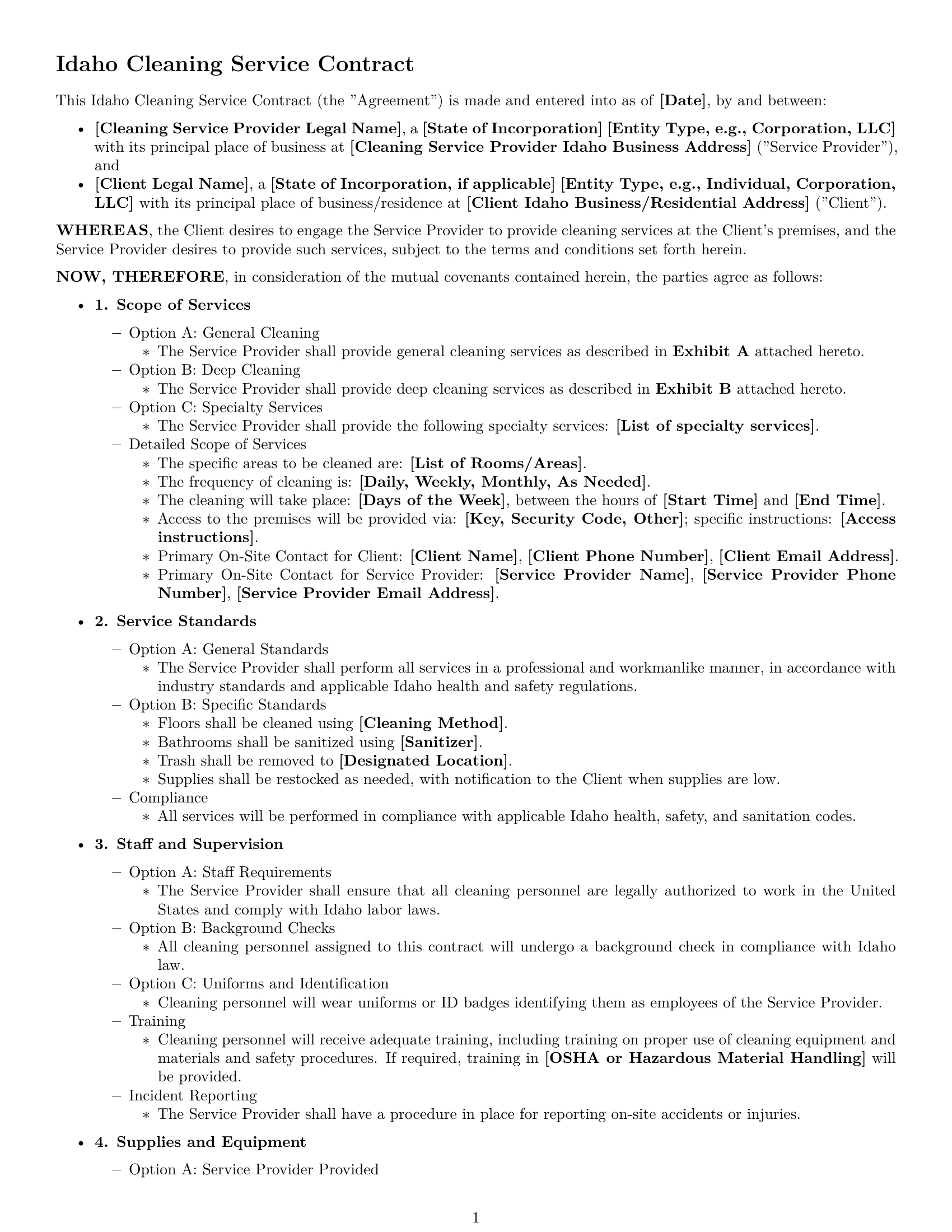 Preview page 1 of Free Idaho cleaning service contract template