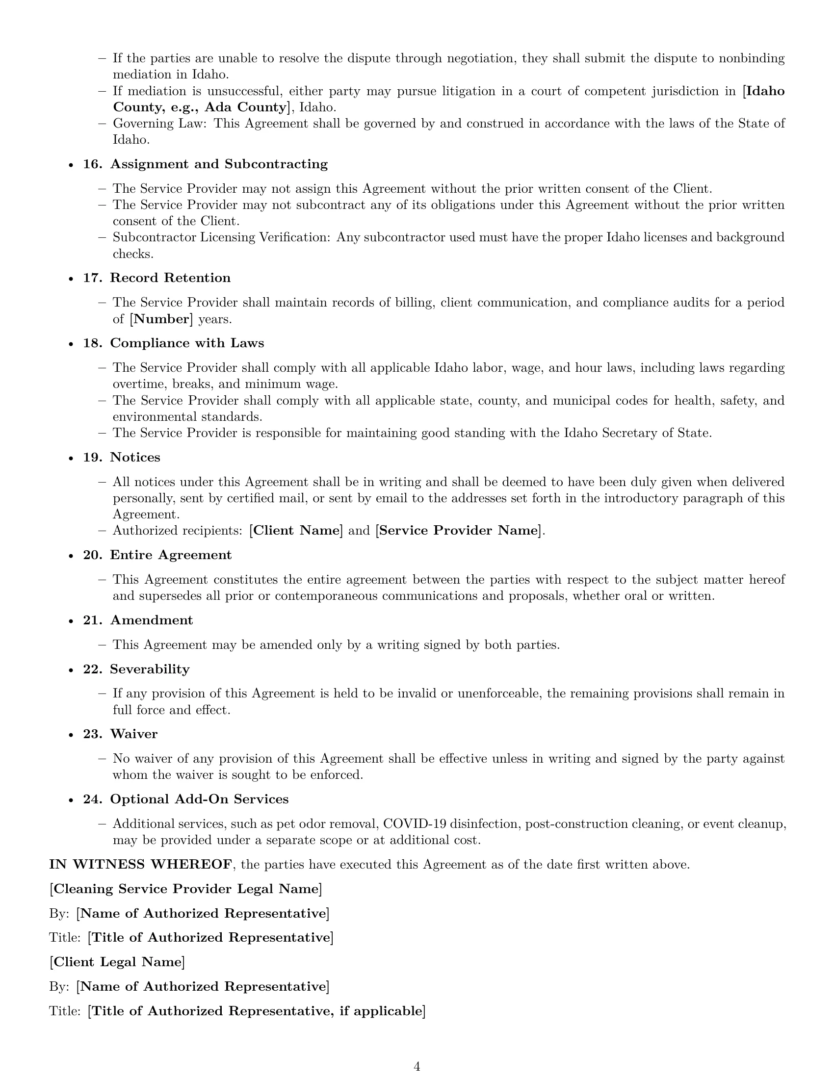 Preview page 4 of Free Idaho cleaning service contract template