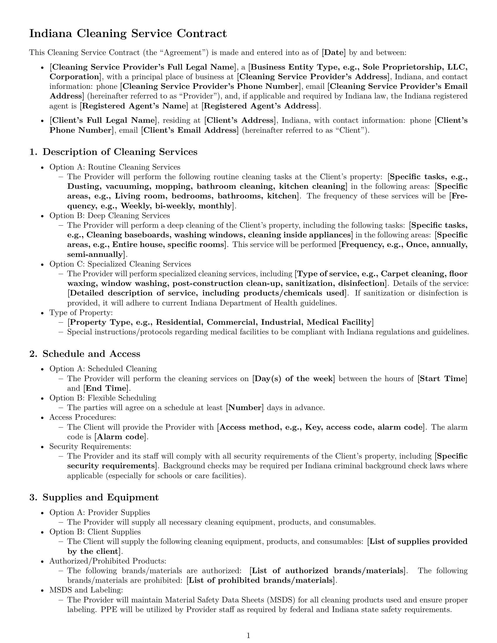 Preview page 1 of Free Indiana cleaning service contract template