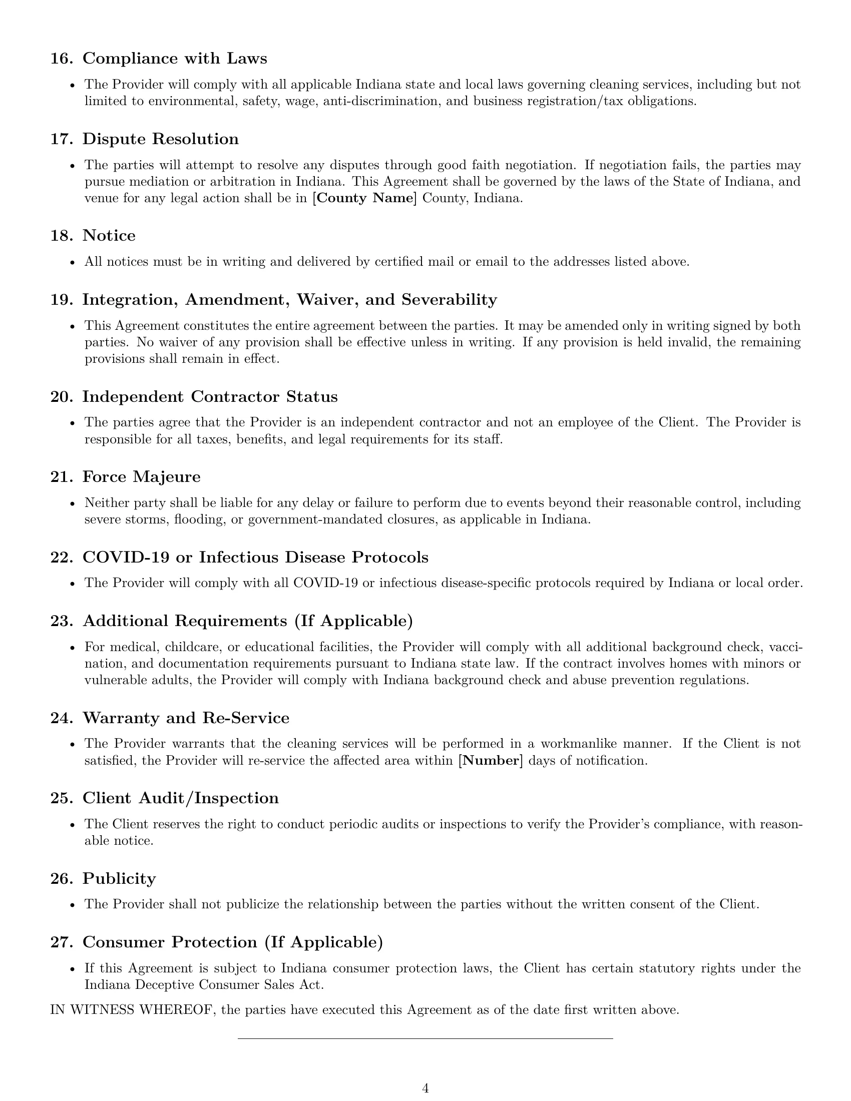 Preview page 4 of Free Indiana cleaning service contract template