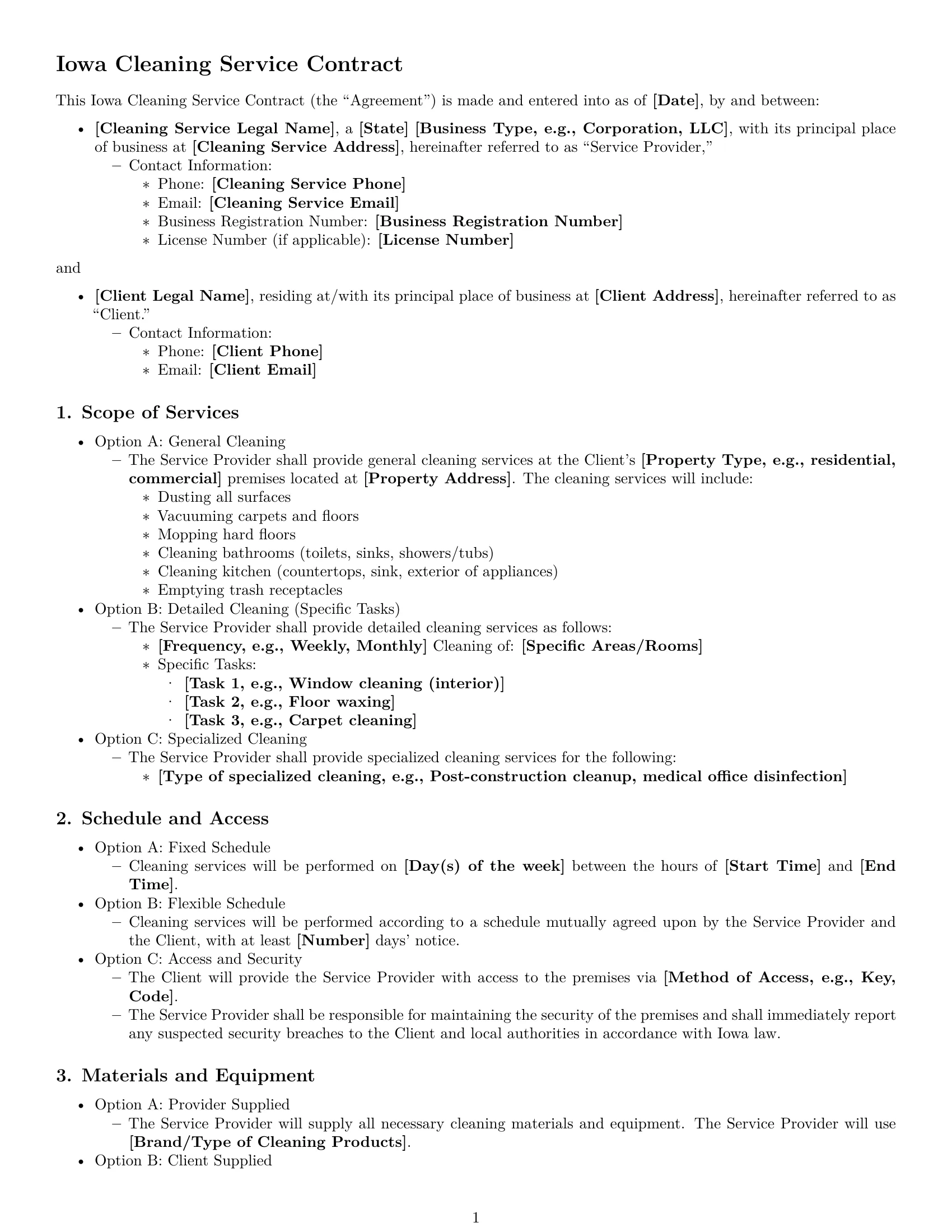 Preview page 1 of Free Iowa cleaning service contract template