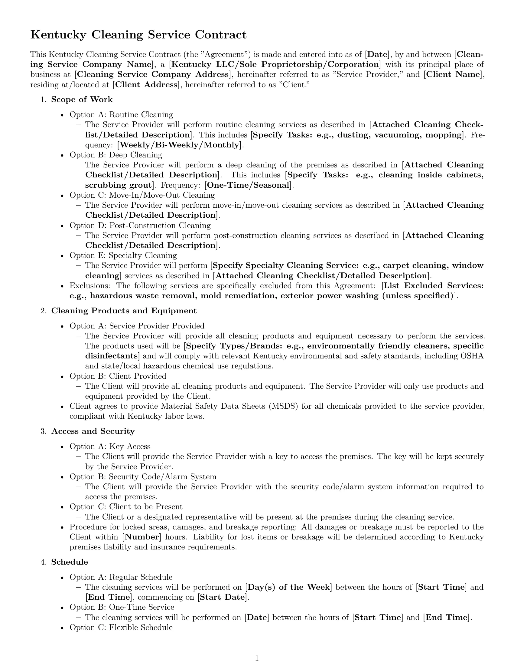 Preview page 1 of Free Kentucky cleaning service contract template
