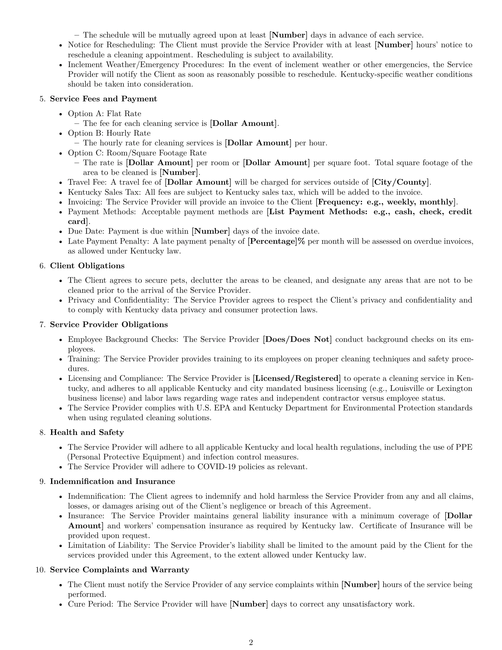 Preview page 2 of Free Kentucky cleaning service contract template