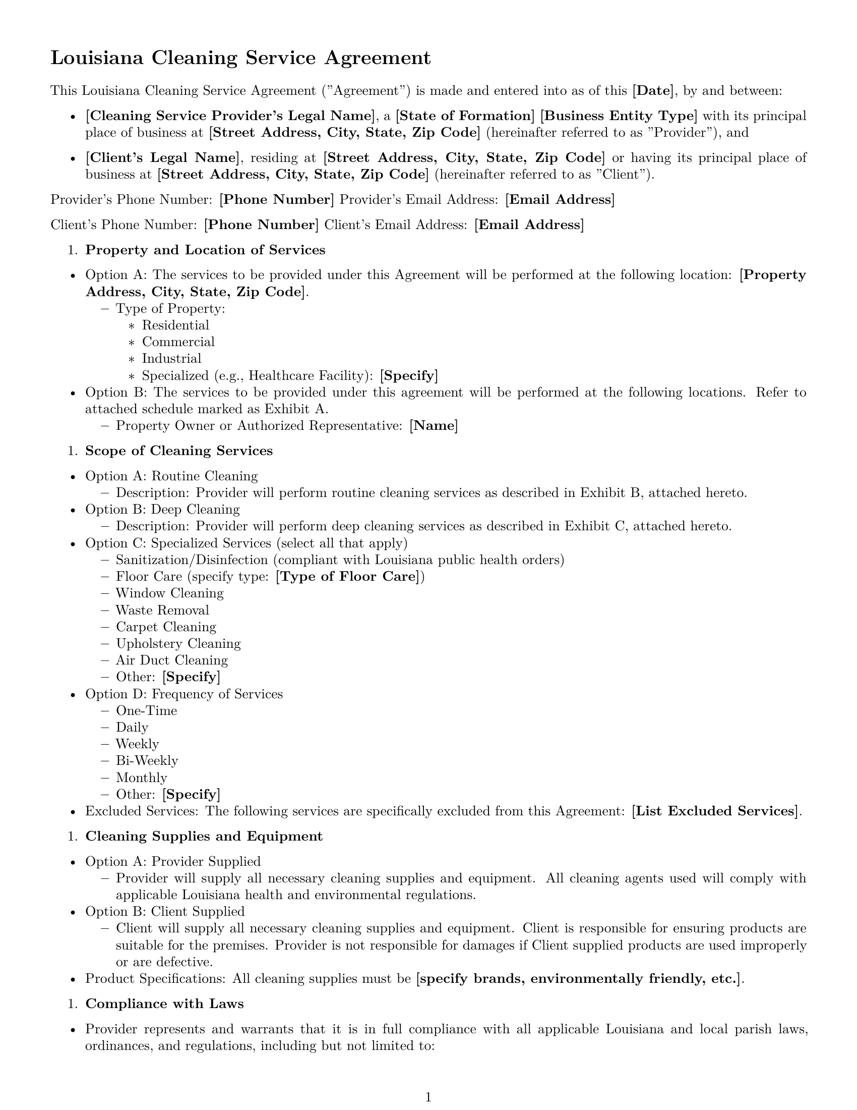 Preview page 1 of Free Louisiana cleaning service contract template
