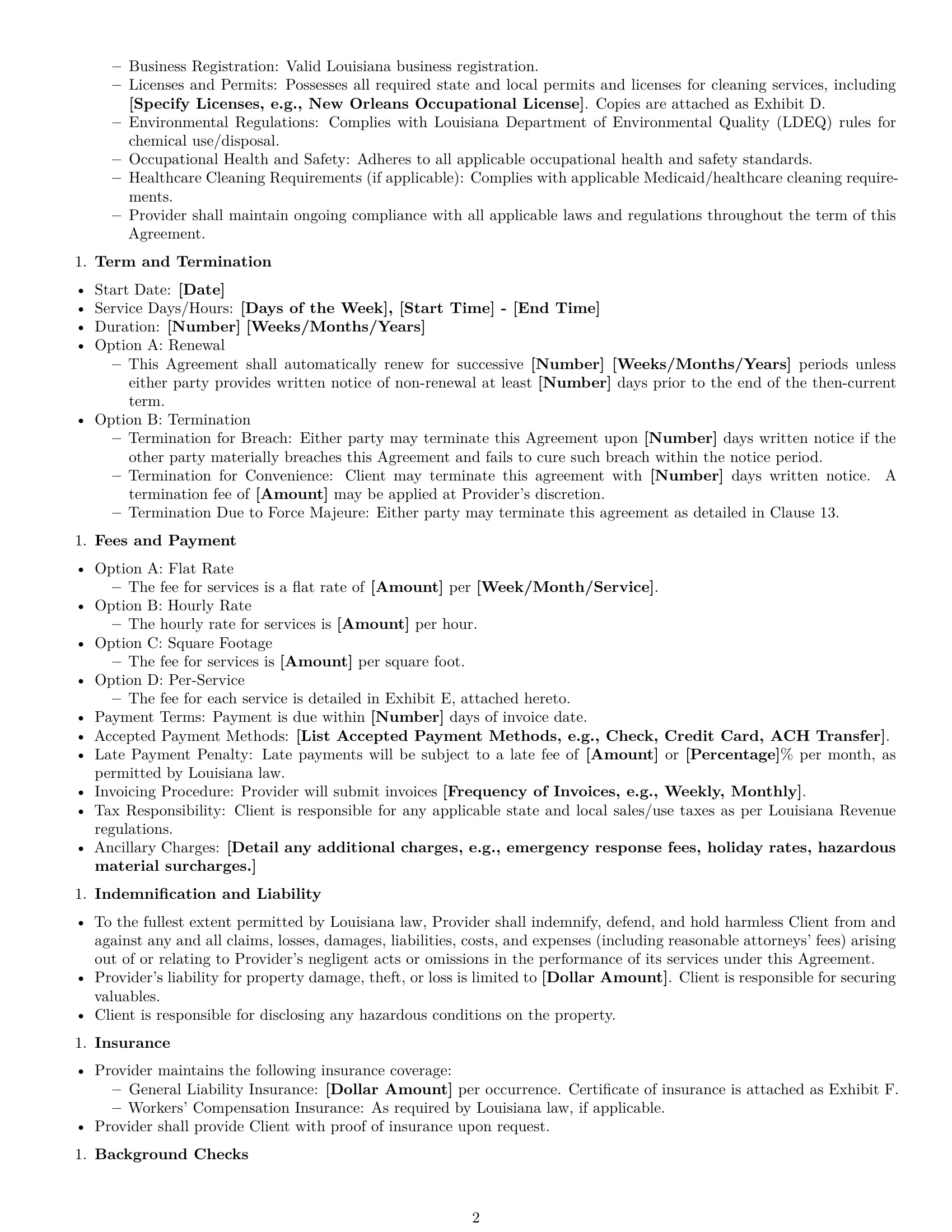 Preview page 2 of Free Louisiana cleaning service contract template