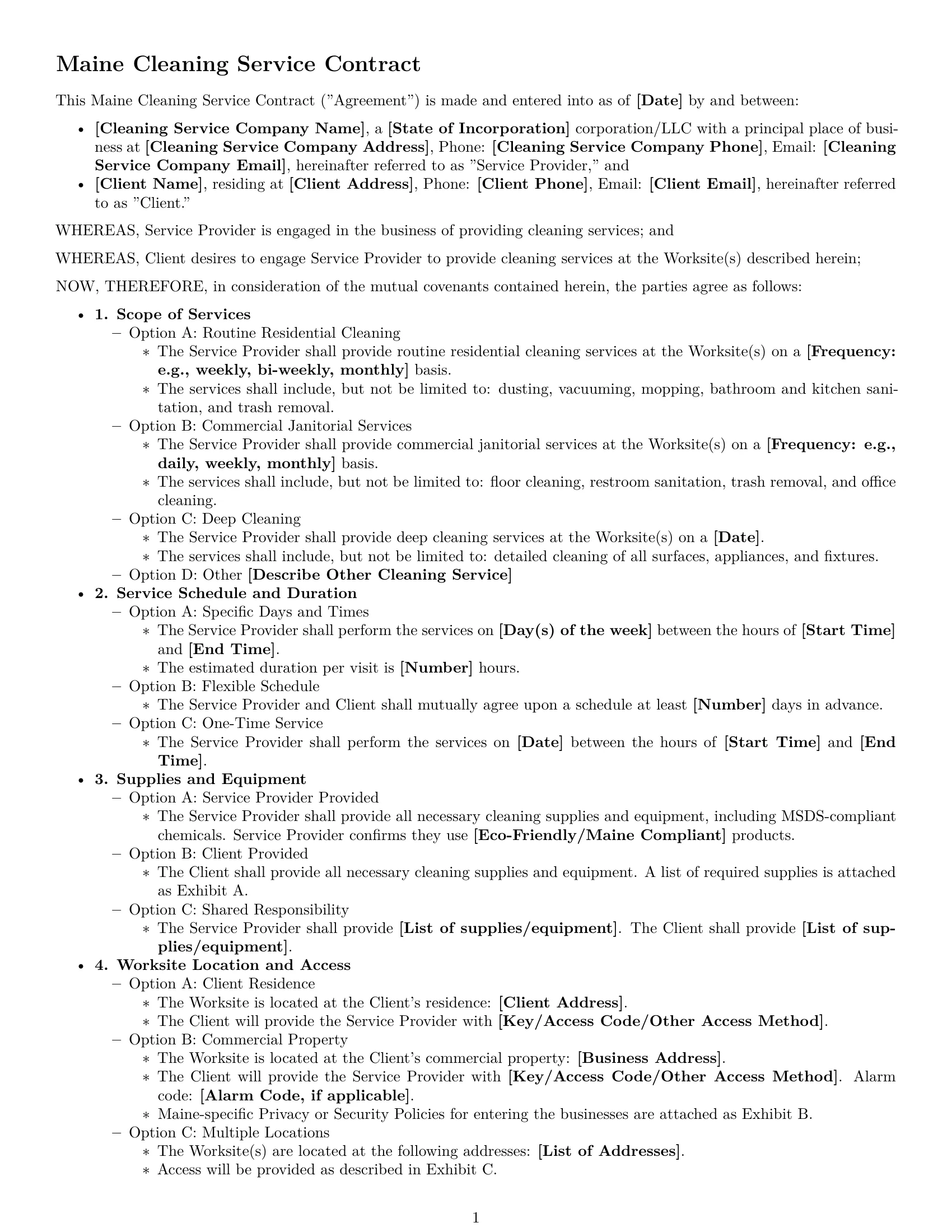 Preview page 1 of Free Maine cleaning service contract template