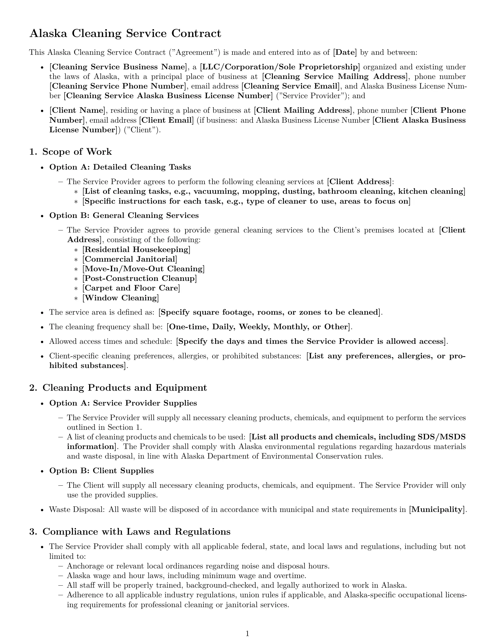 Preview page 1 of Free Alaska cleaning service contract template