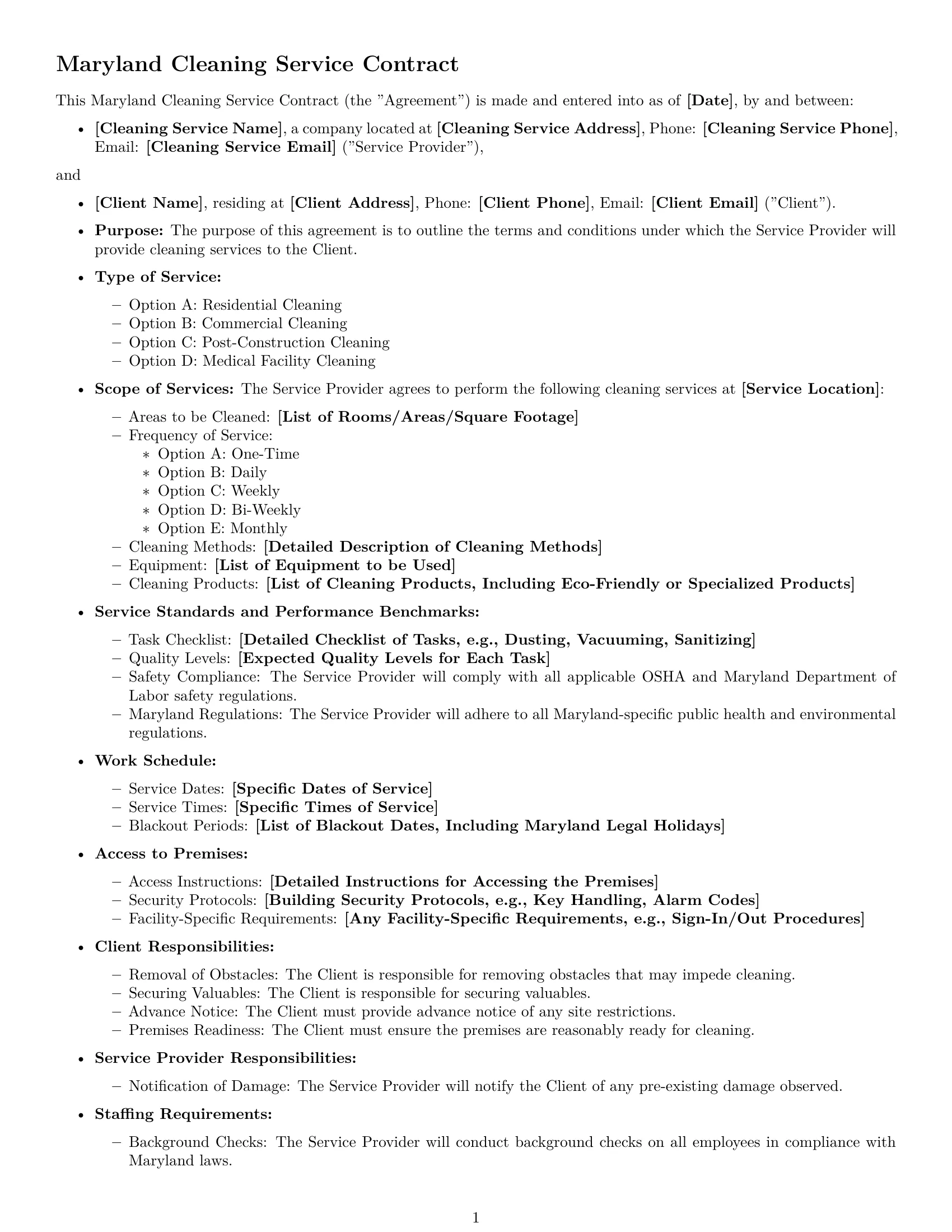 Preview page 1 of Free Maryland cleaning service contract template