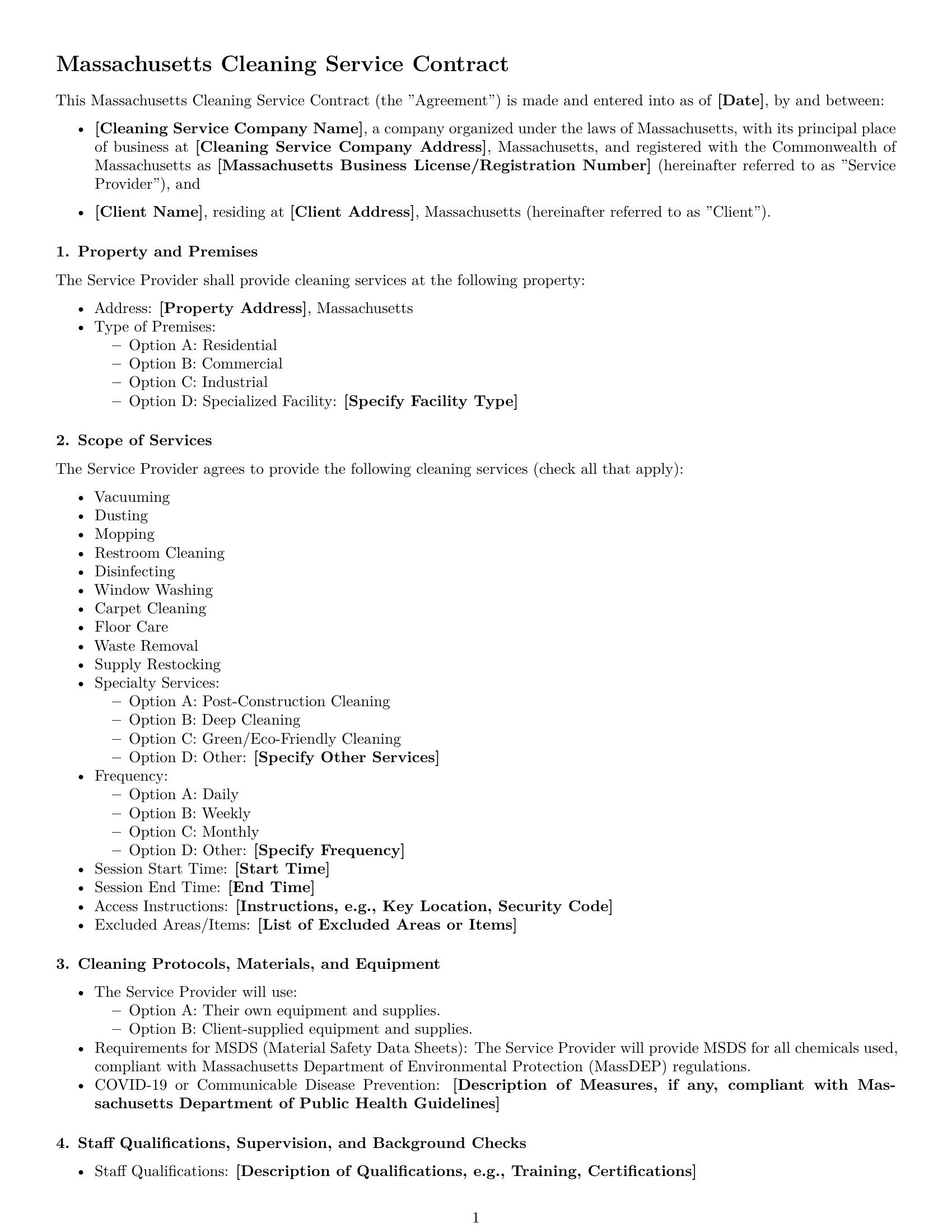 Preview page 1 of Free Massachusetts cleaning service contract template