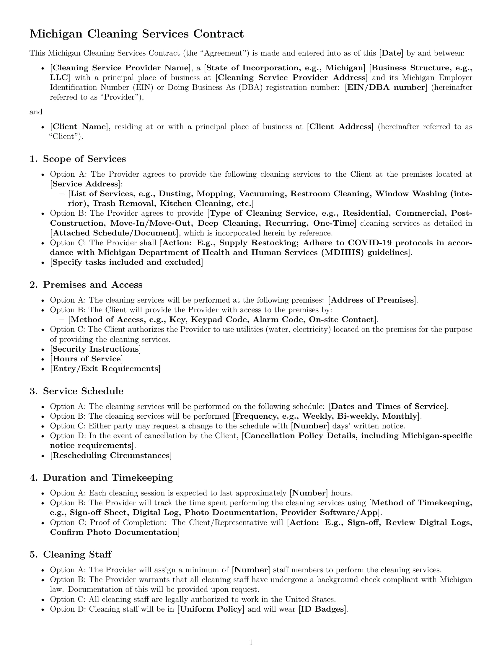 Preview page 1 of Free Michigan cleaning service contract template