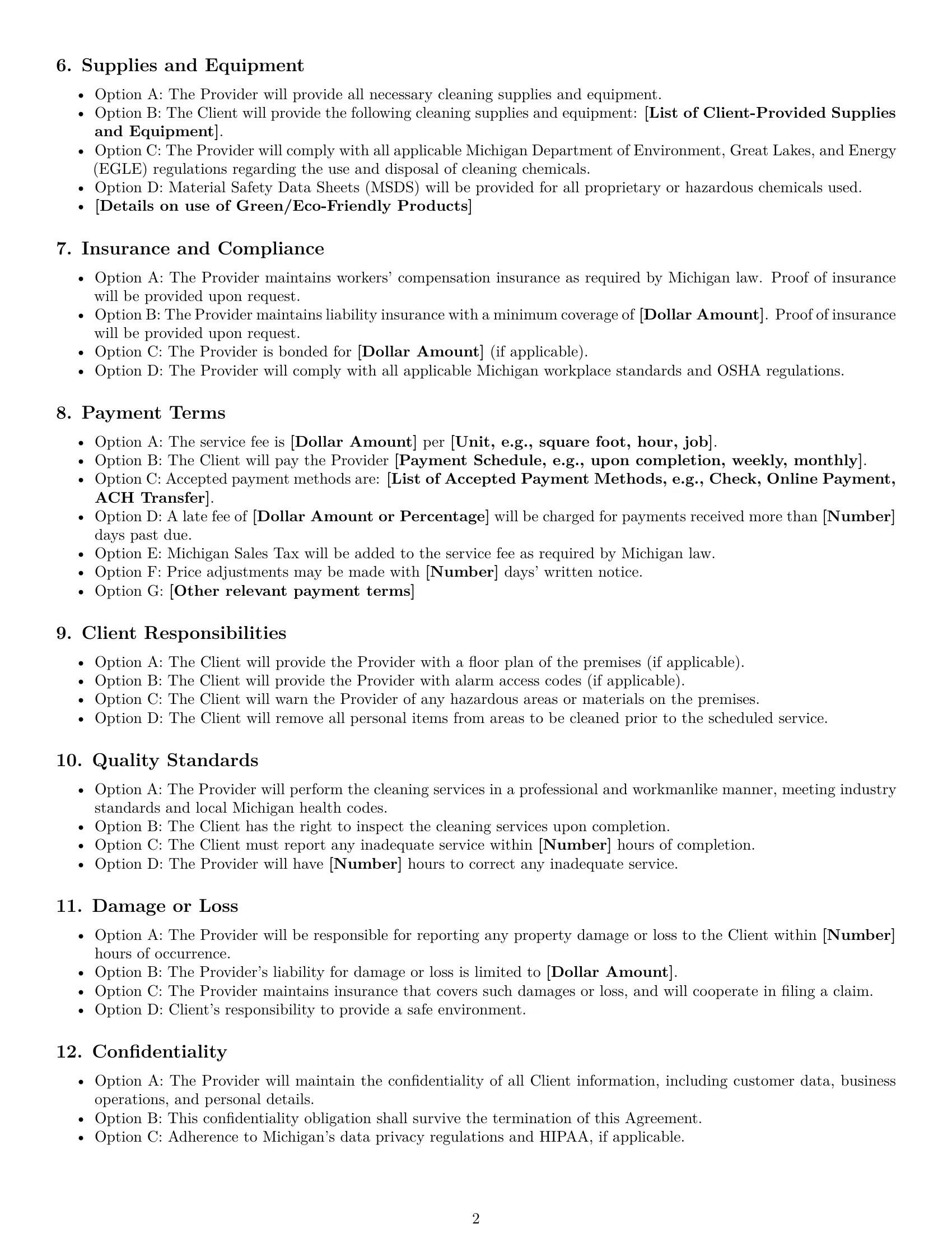 Preview page 2 of Free Michigan cleaning service contract template