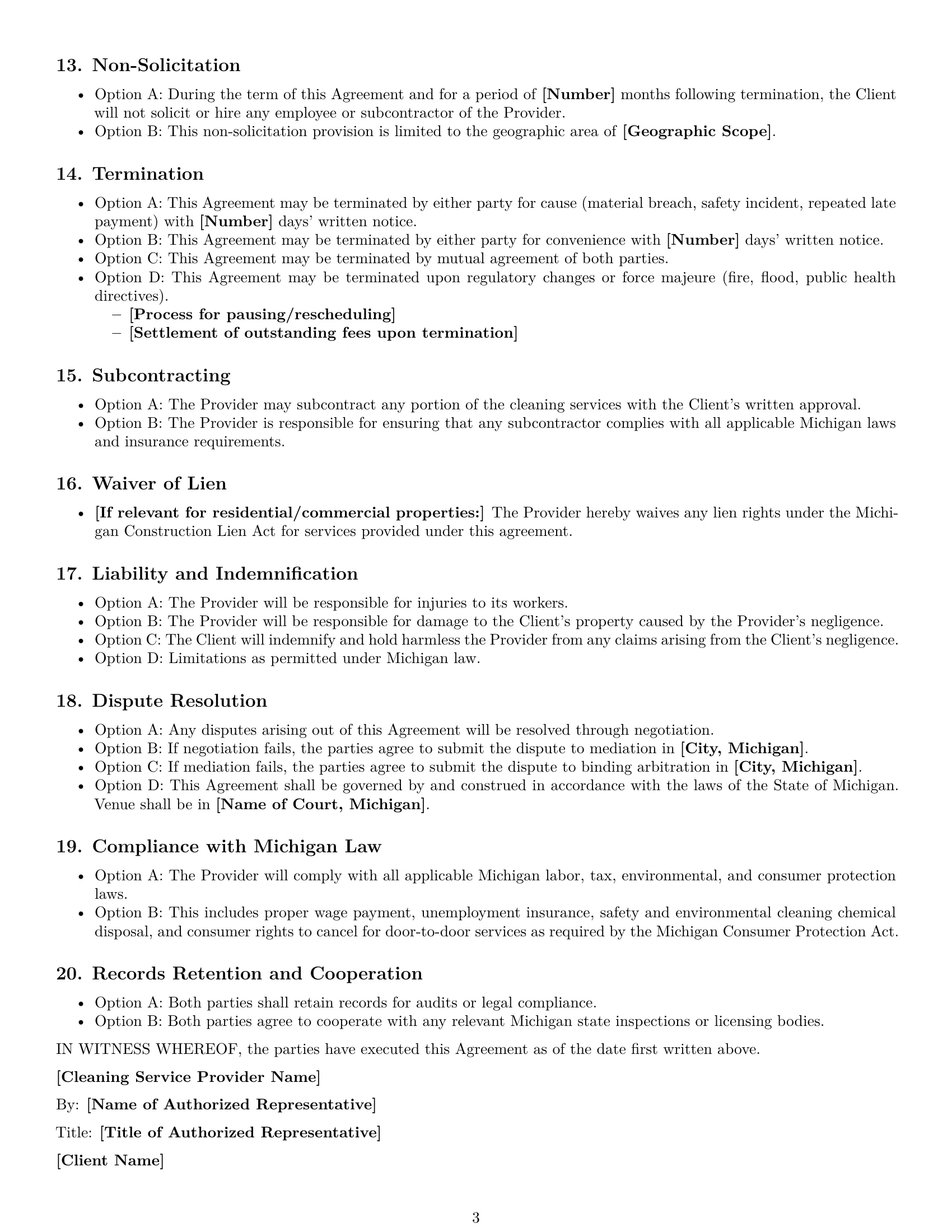 Preview page 3 of Free Michigan cleaning service contract template