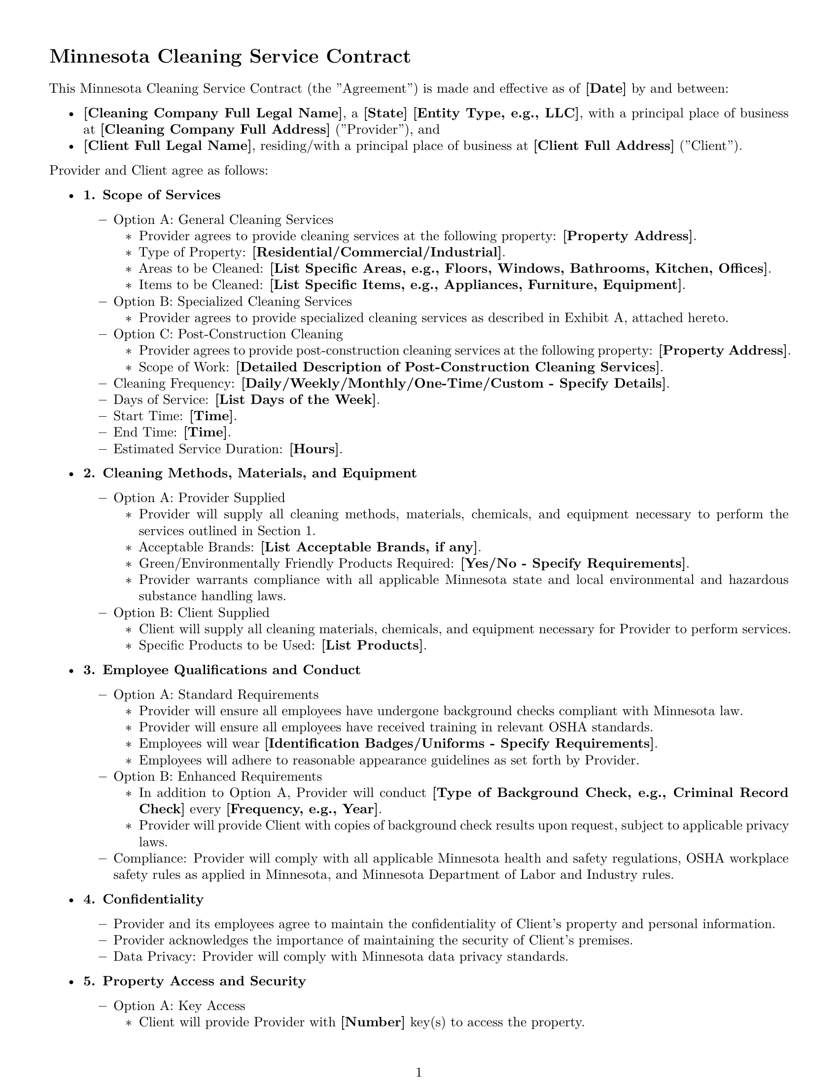 Preview page 1 of Free Minnesota cleaning service contract template
