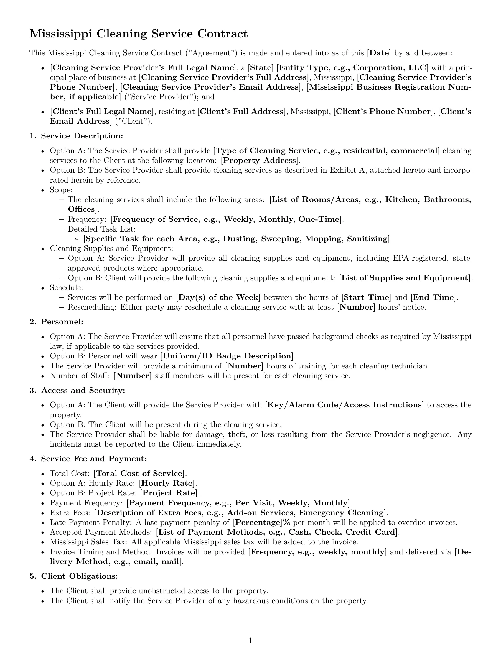Preview page 1 of Free Mississippi cleaning service contract template
