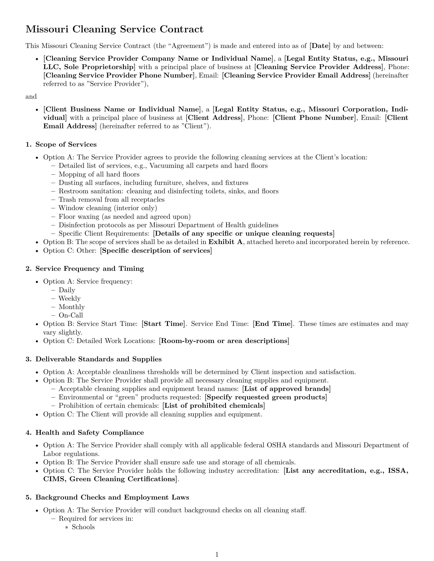 Preview page 1 of Free Missouri cleaning service contract template