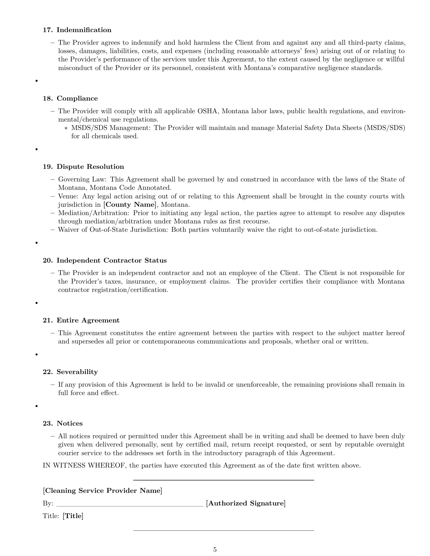 Preview page 5 of Free Montana cleaning service contract template