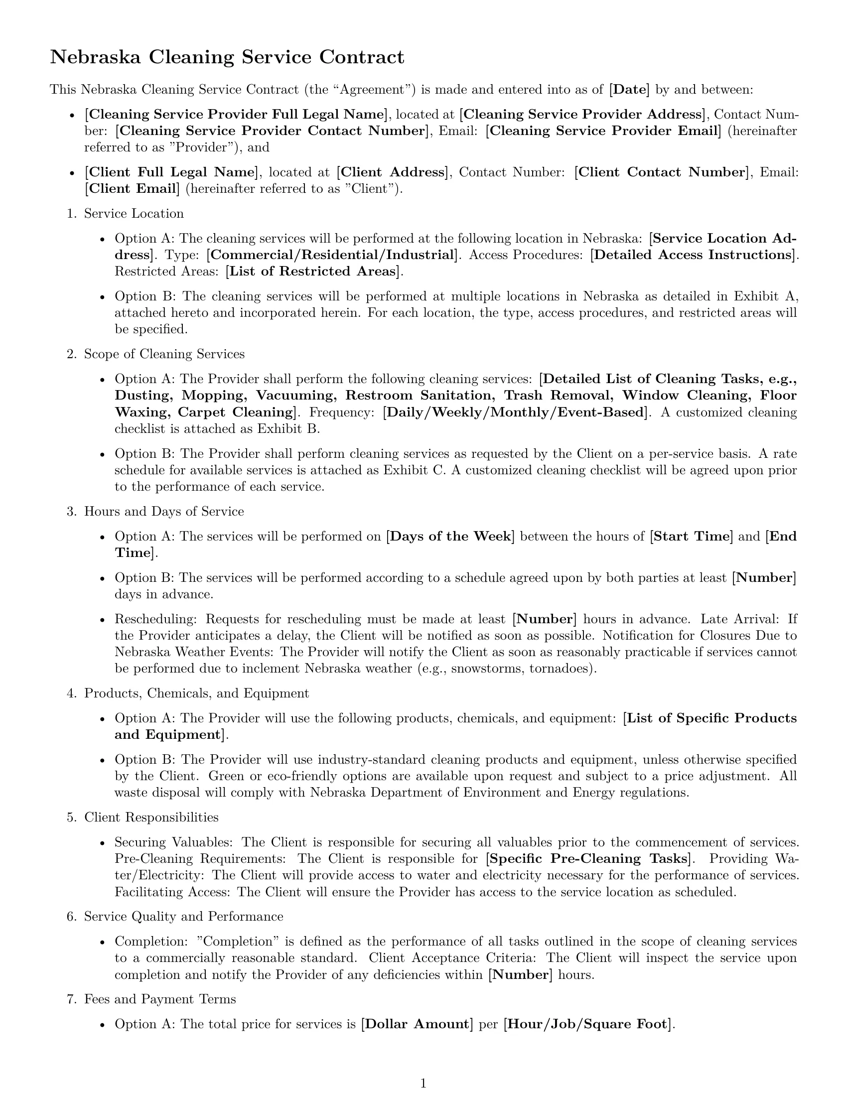 Preview page 1 of Free Nebraska cleaning service contract template