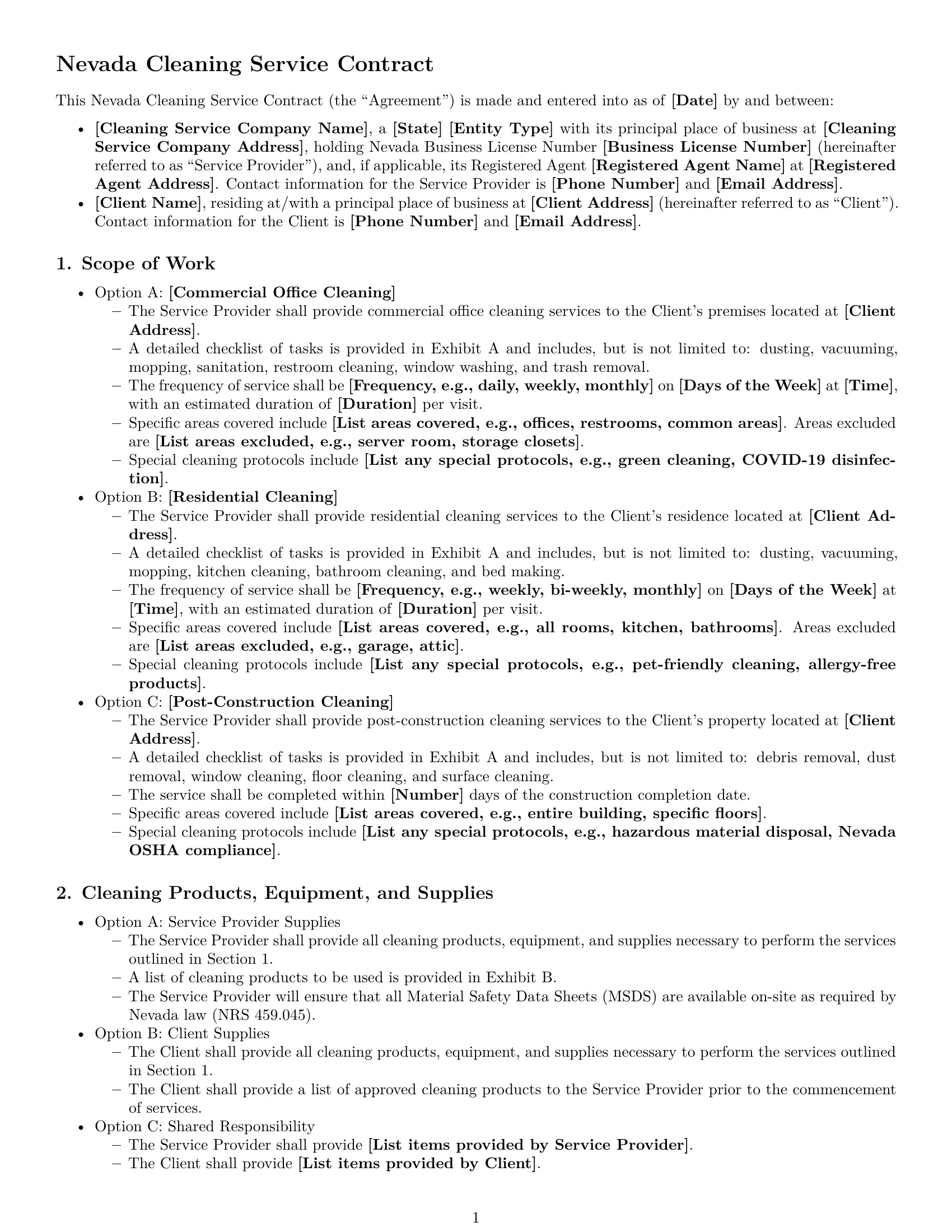 Preview page 1 of Free Nevada cleaning service contract template