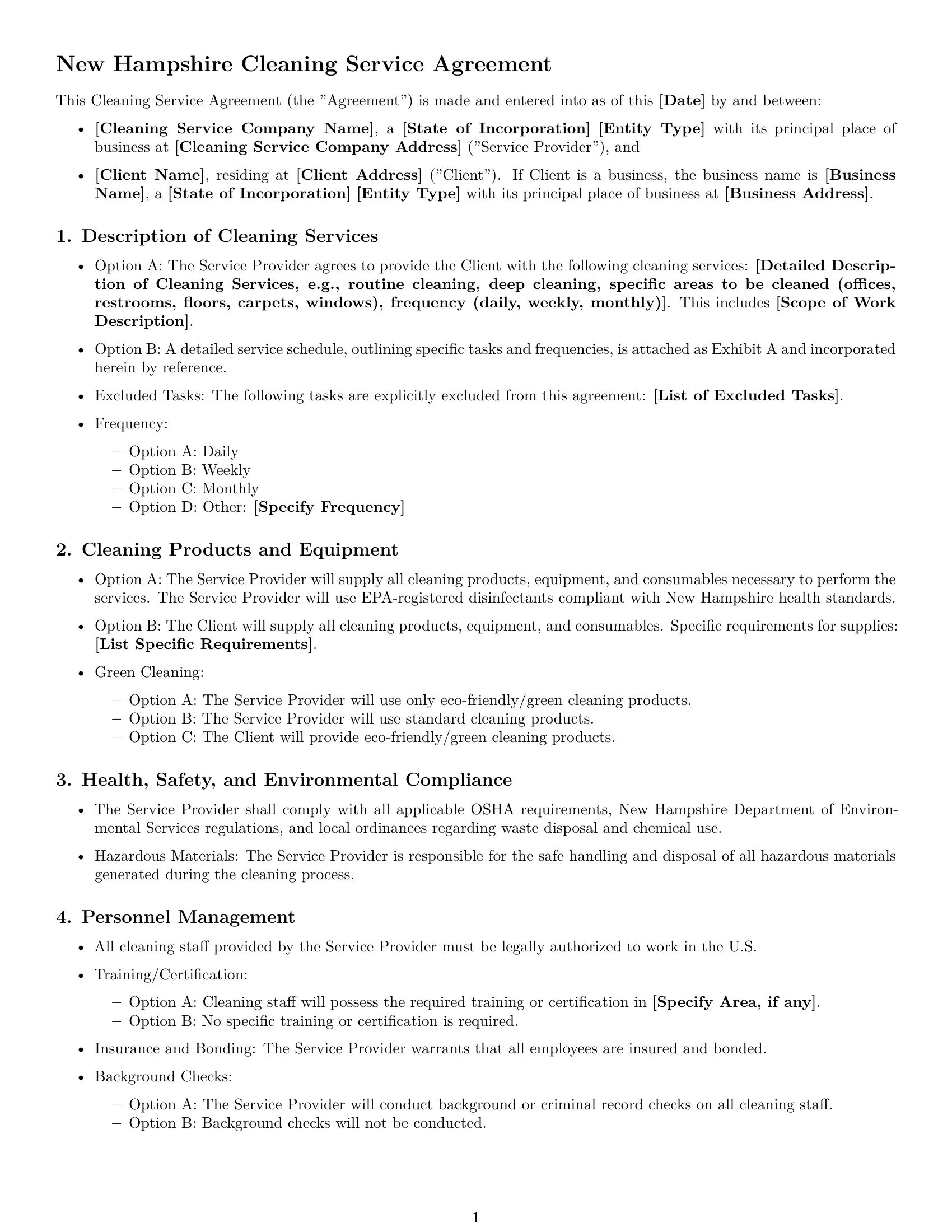 Preview page 1 of Free New Hampshire cleaning service contract template