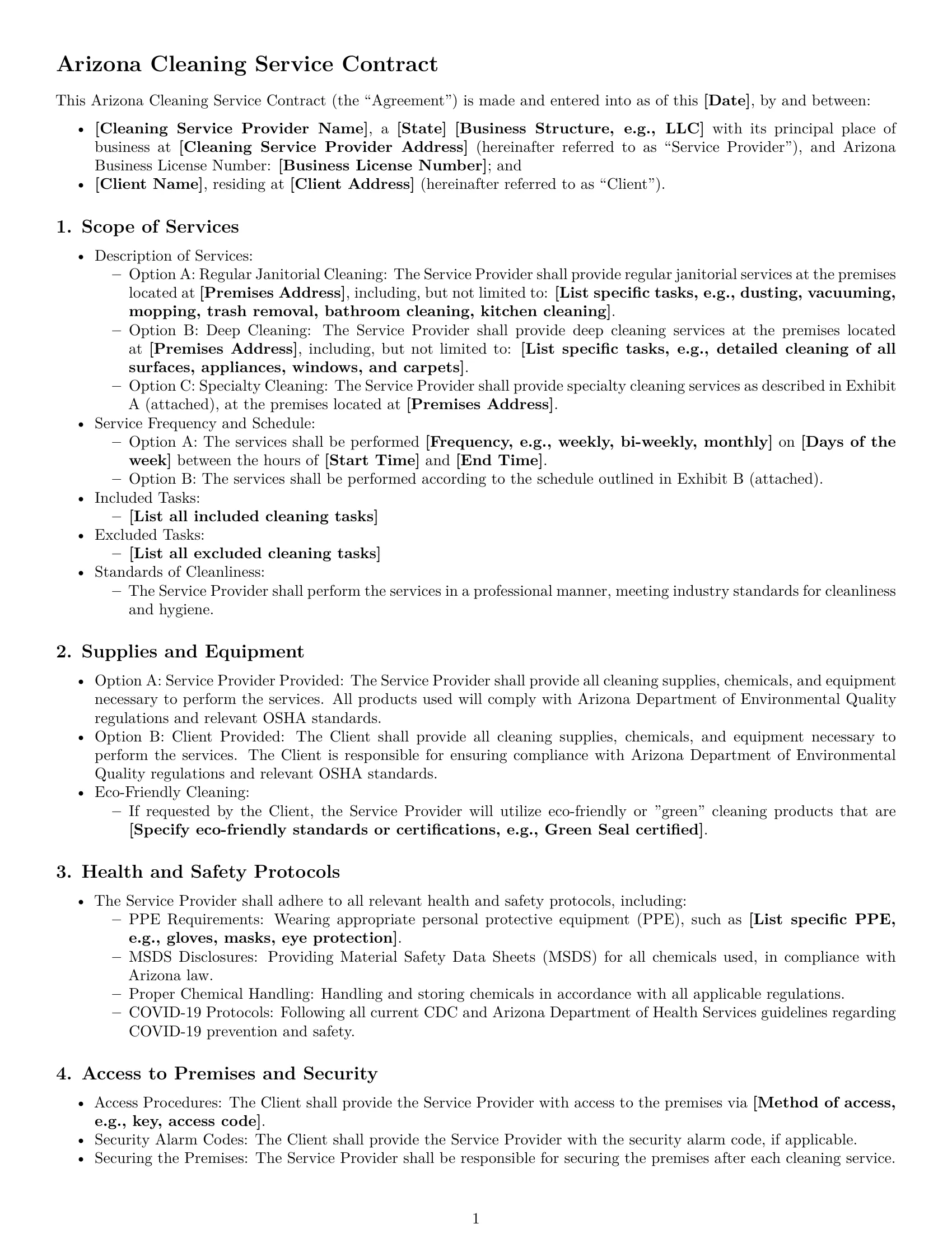 Preview page 1 of Free Arizona cleaning service contract template