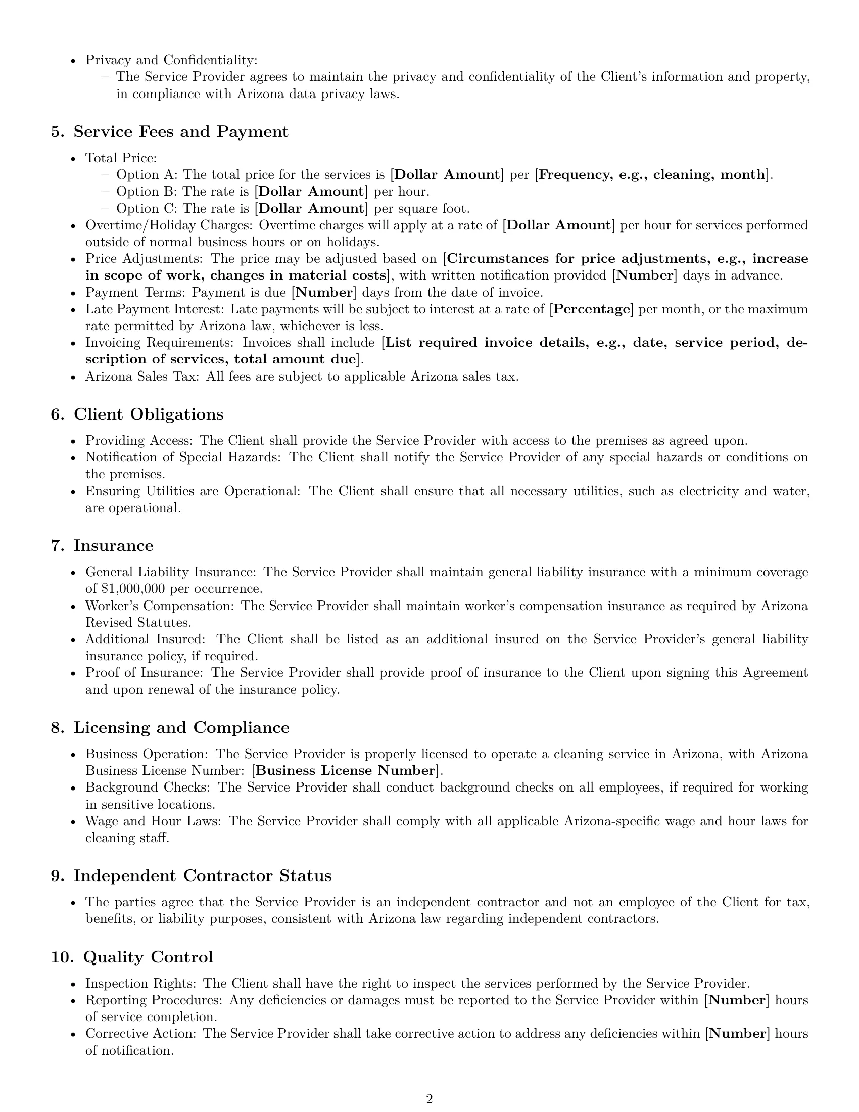 Preview page 2 of Free Arizona cleaning service contract template
