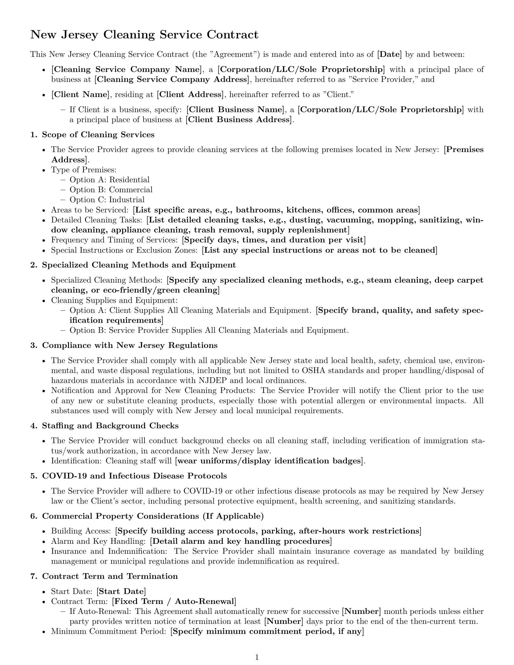 Preview page 1 of Free New Jersey cleaning service contract template