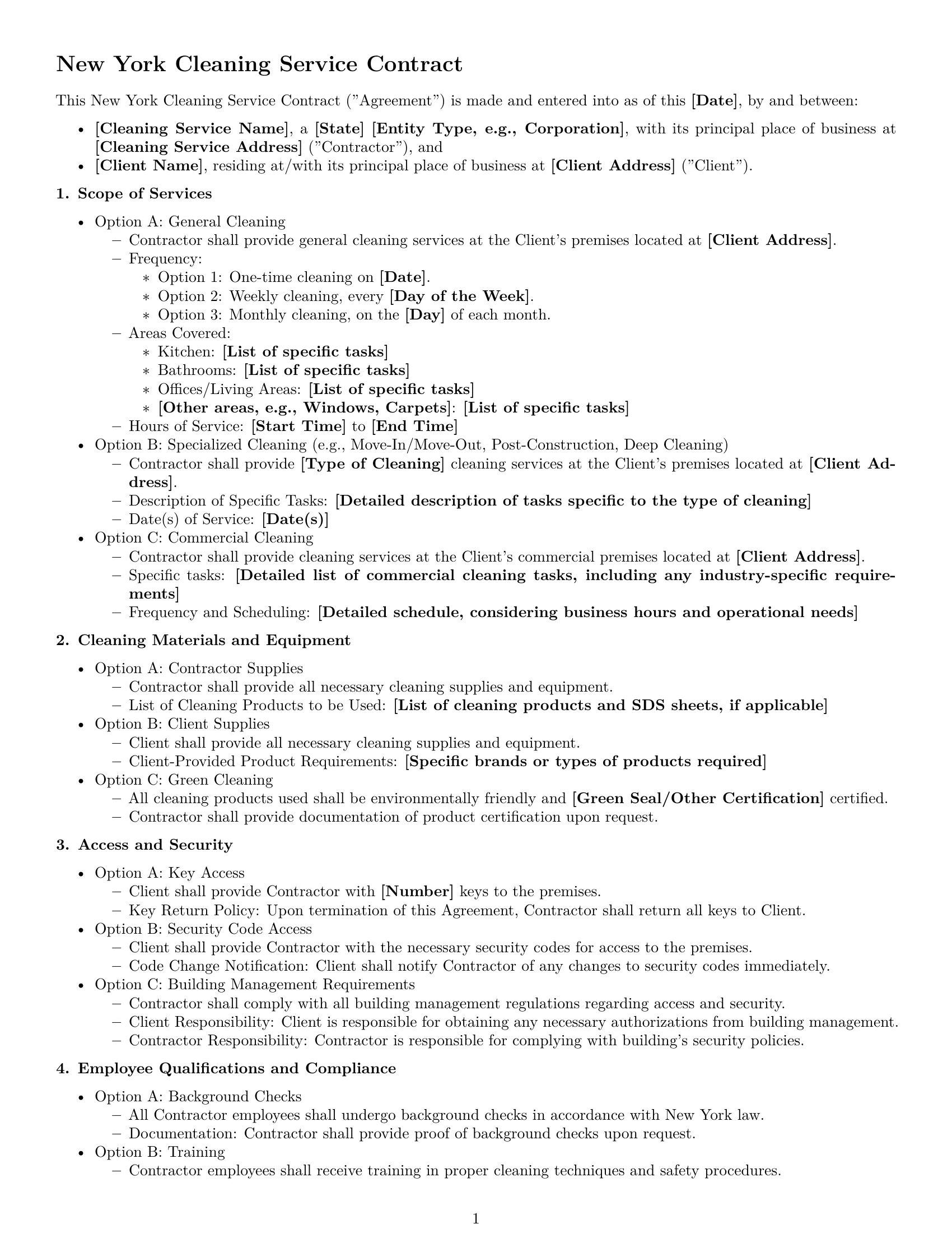Preview page 1 of Free New York cleaning service contract template