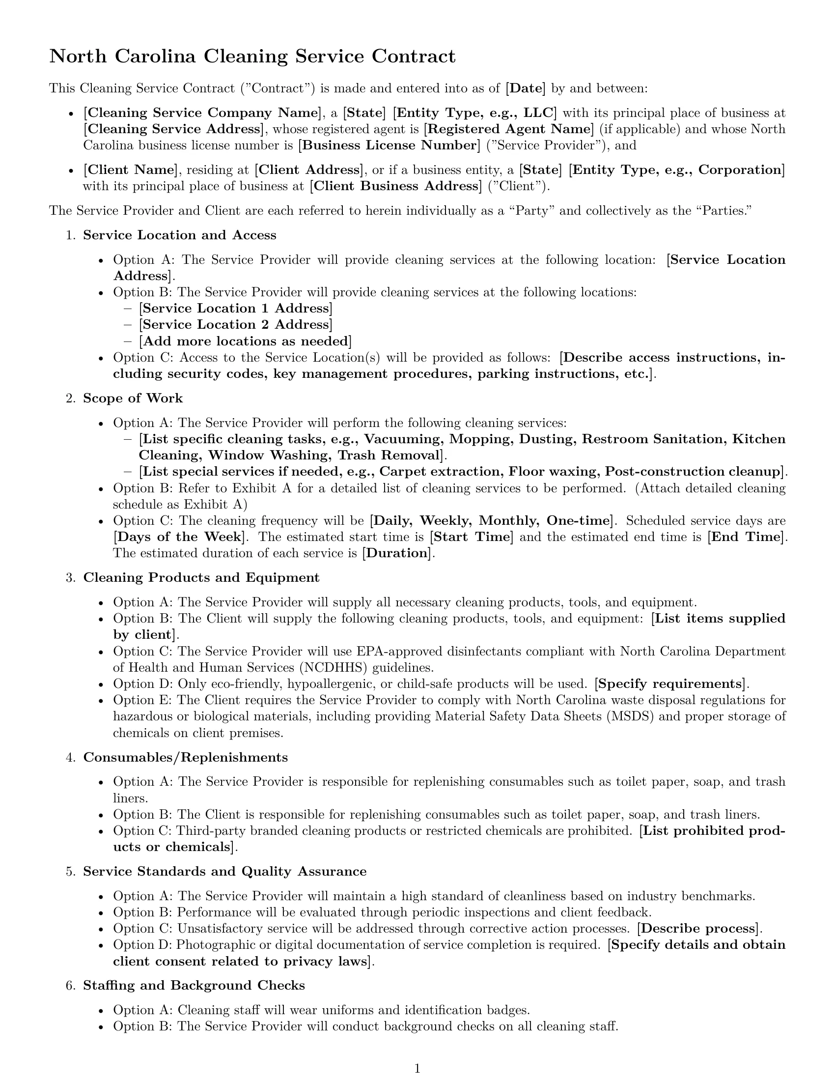 Preview page 1 of Free North Carolina cleaning service contract template