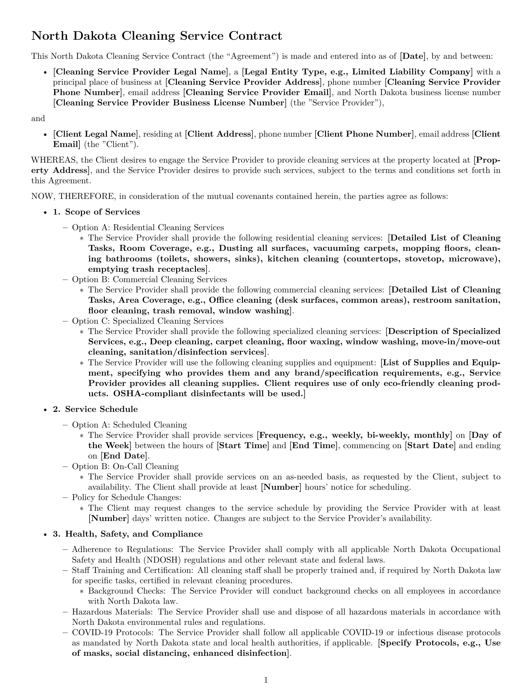 Preview page 1 of Free North Dakota cleaning service contract template
