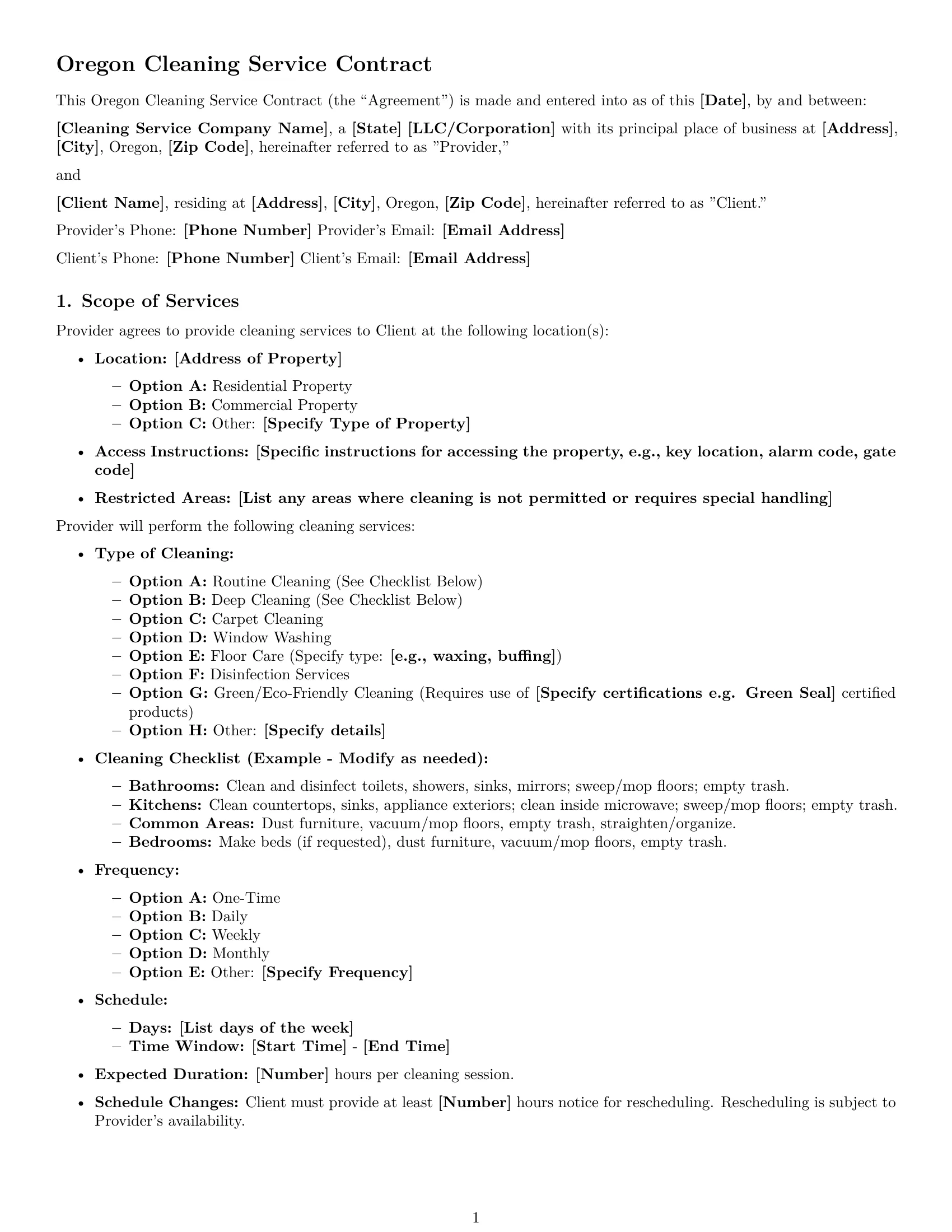 Preview page 1 of Free Oregon cleaning service contract template
