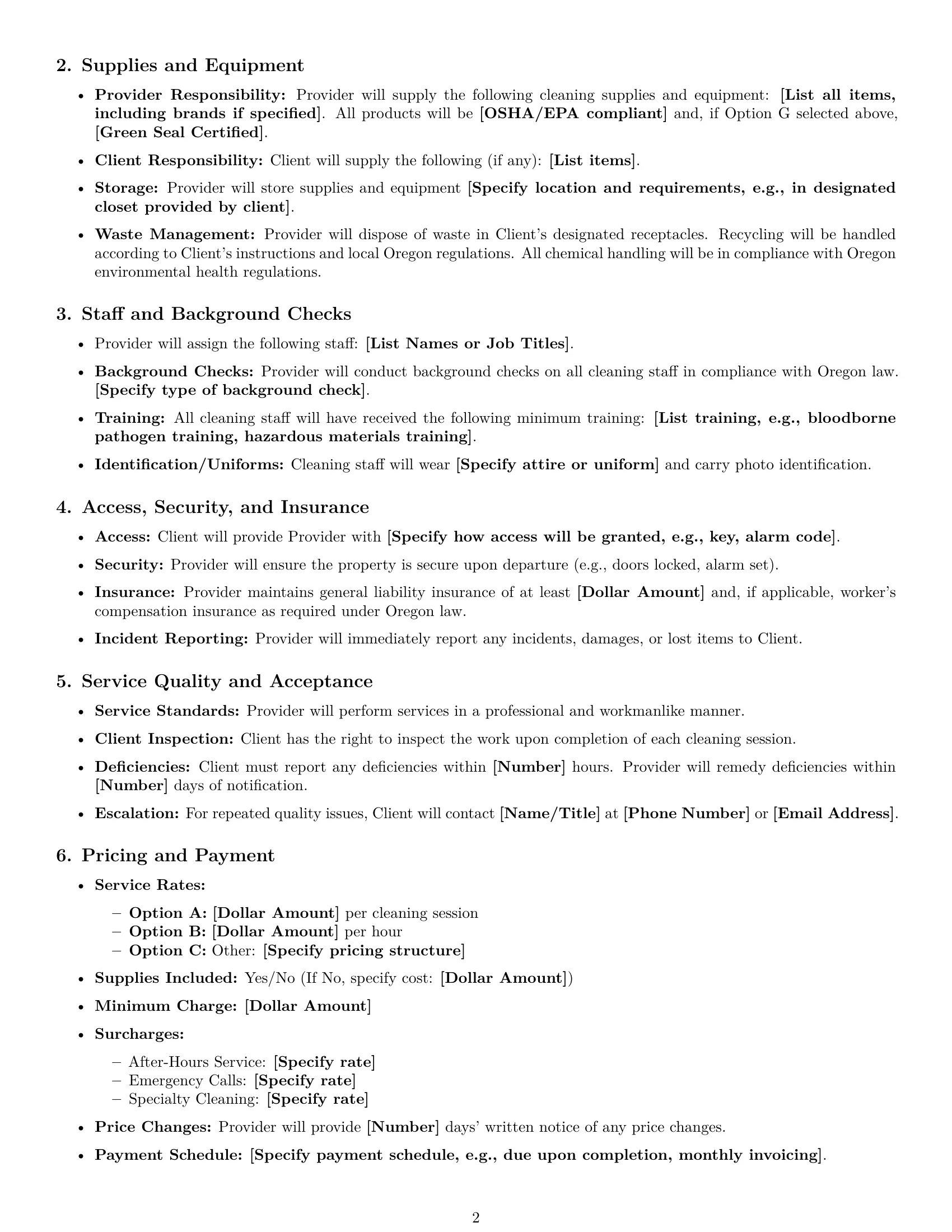Preview page 2 of Free Oregon cleaning service contract template