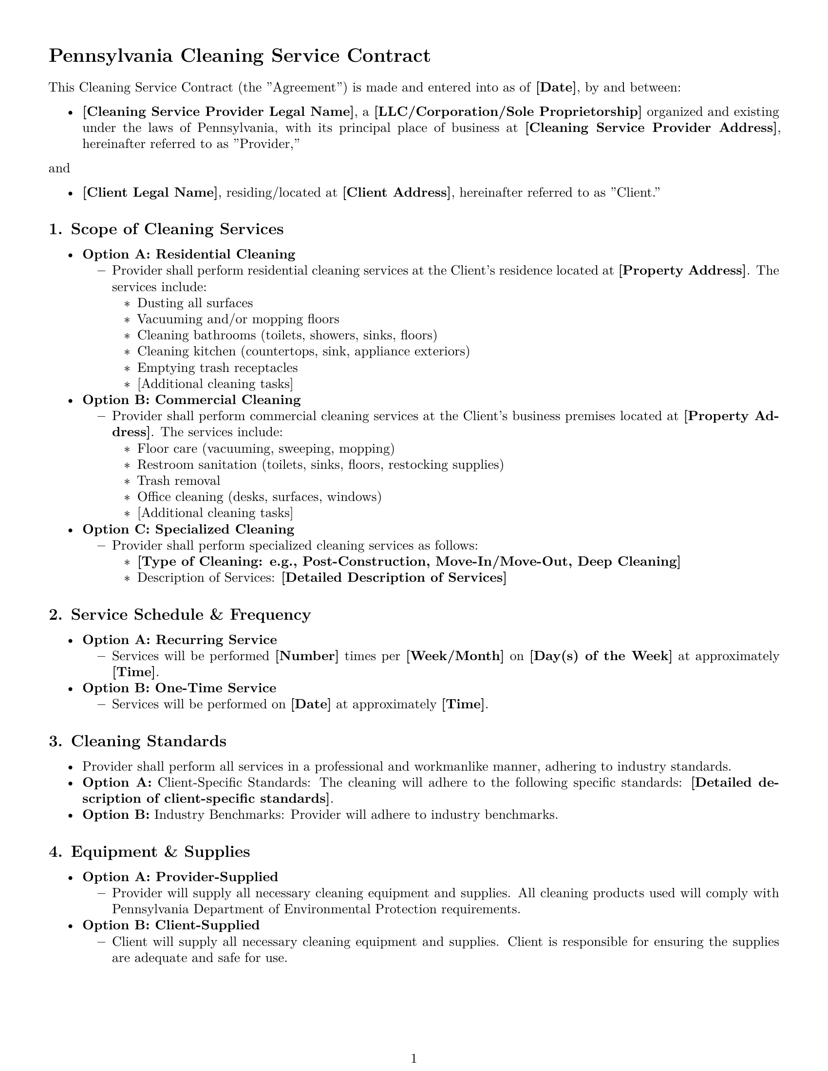 Preview page 1 of Free Pennsylvania cleaning service contract template
