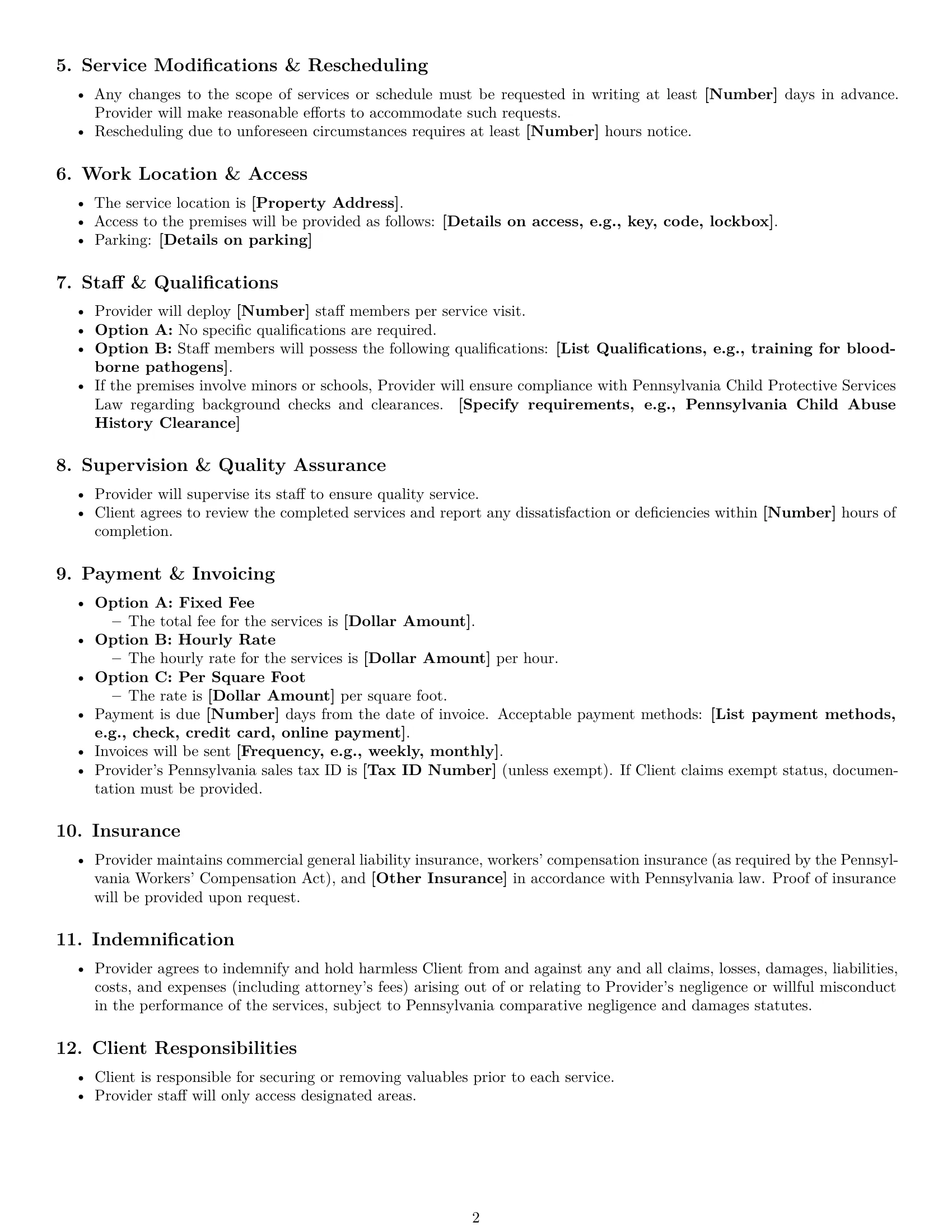 Preview page 2 of Free Pennsylvania cleaning service contract template