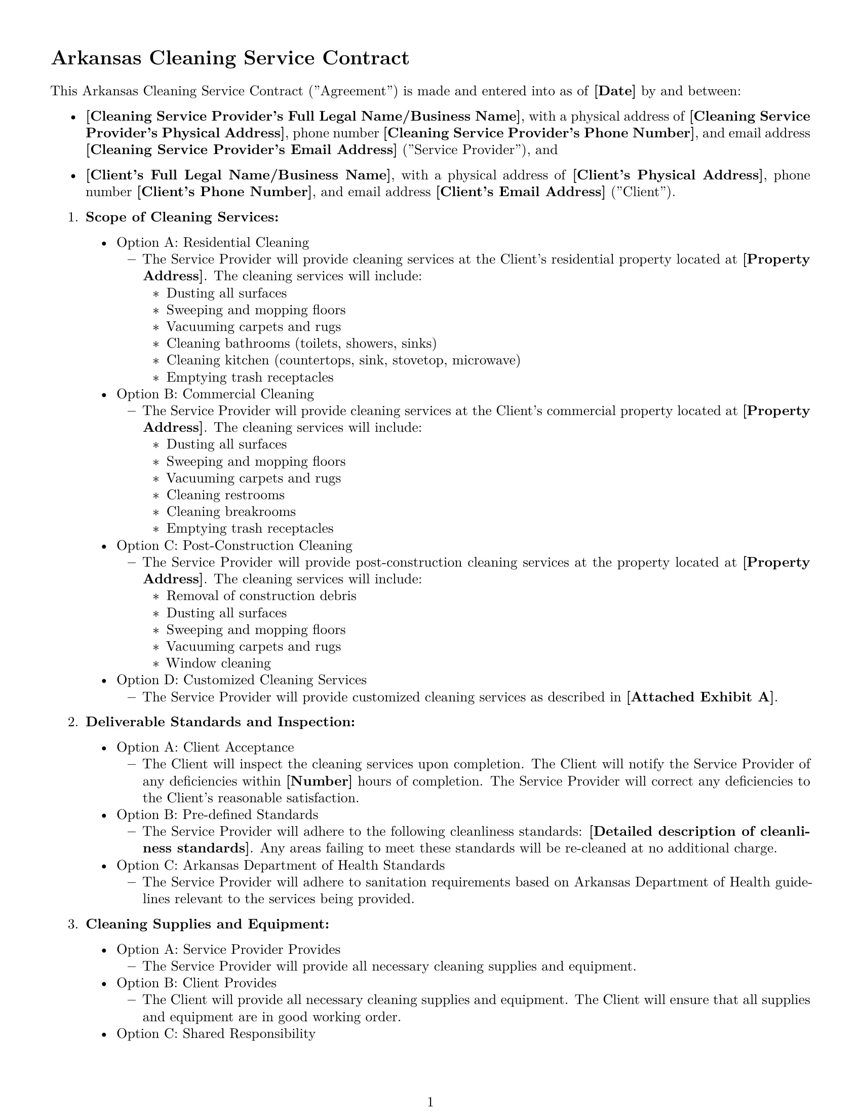 Preview page 1 of Free Arkansas cleaning service contract template