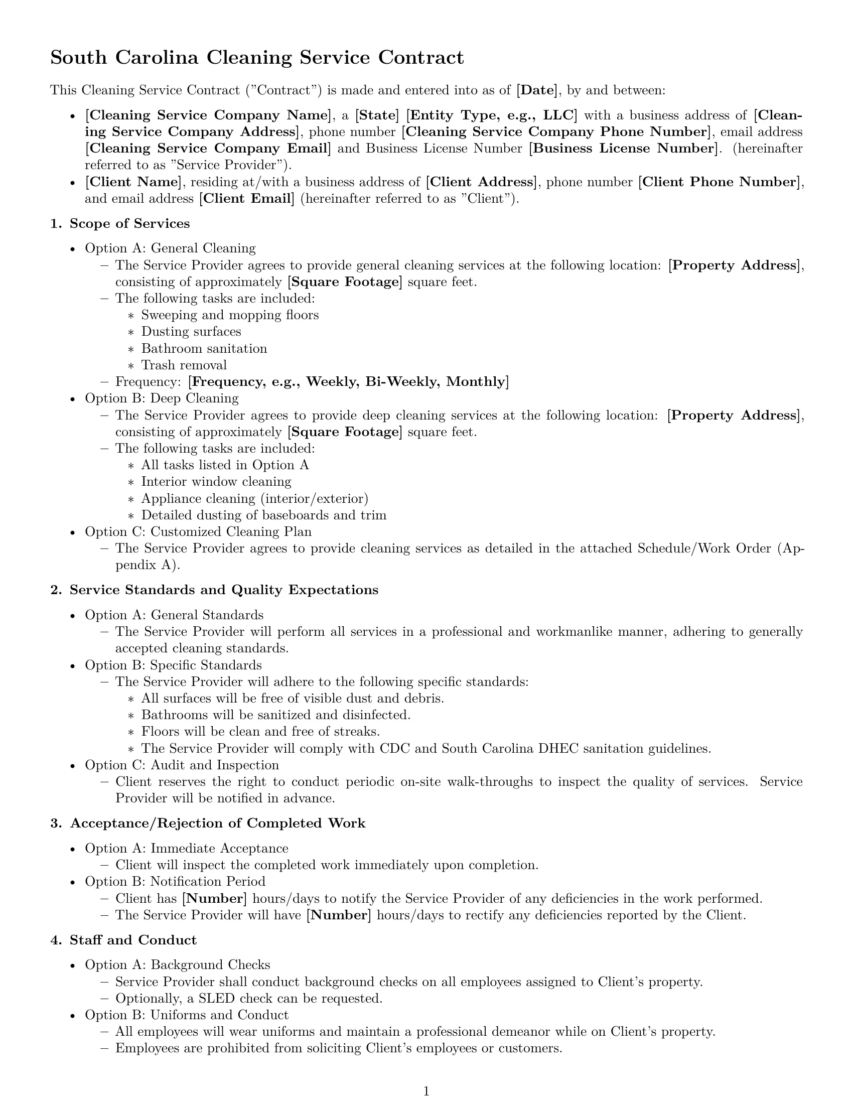 Preview page 1 of Free South Carolina cleaning service contract template