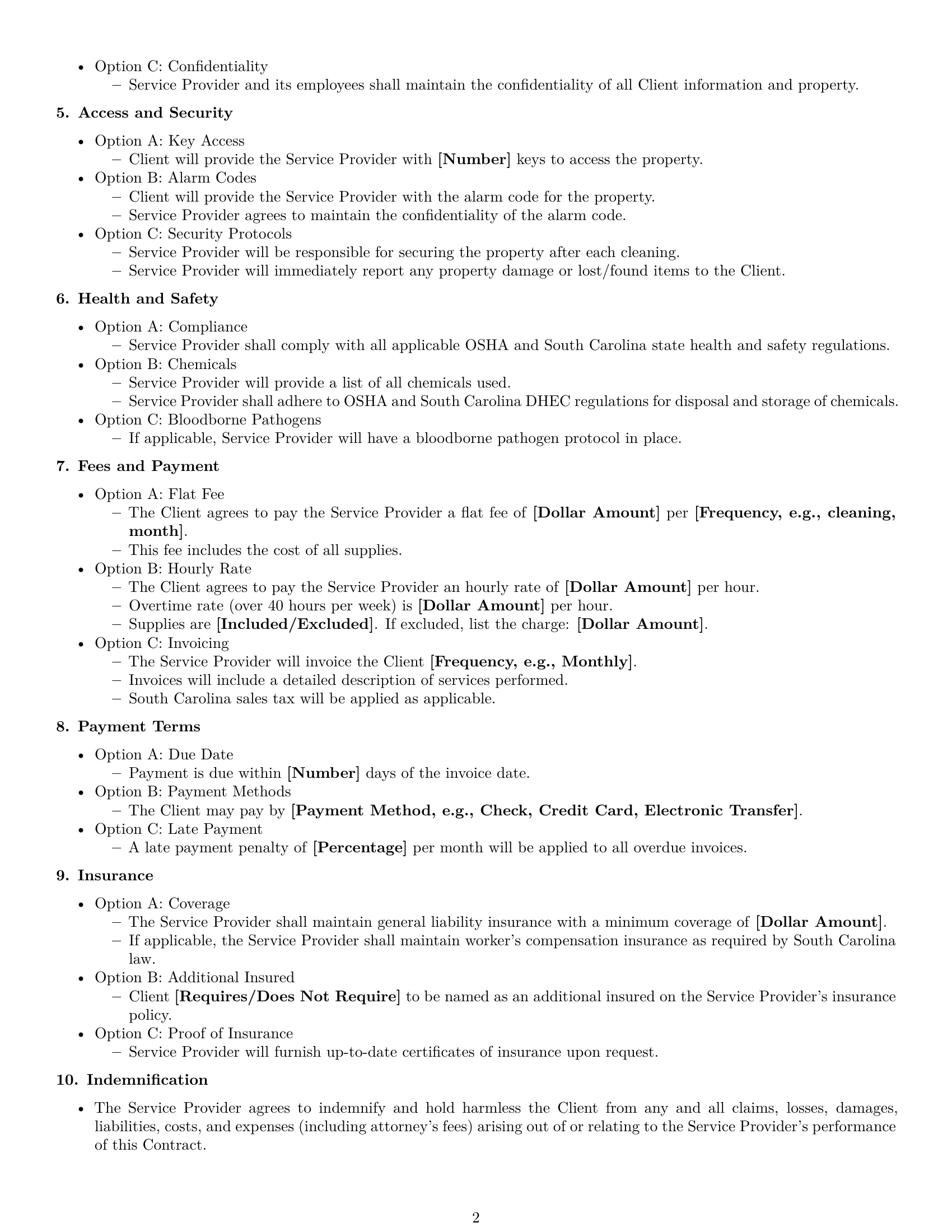 Preview page 2 of Free South Carolina cleaning service contract template