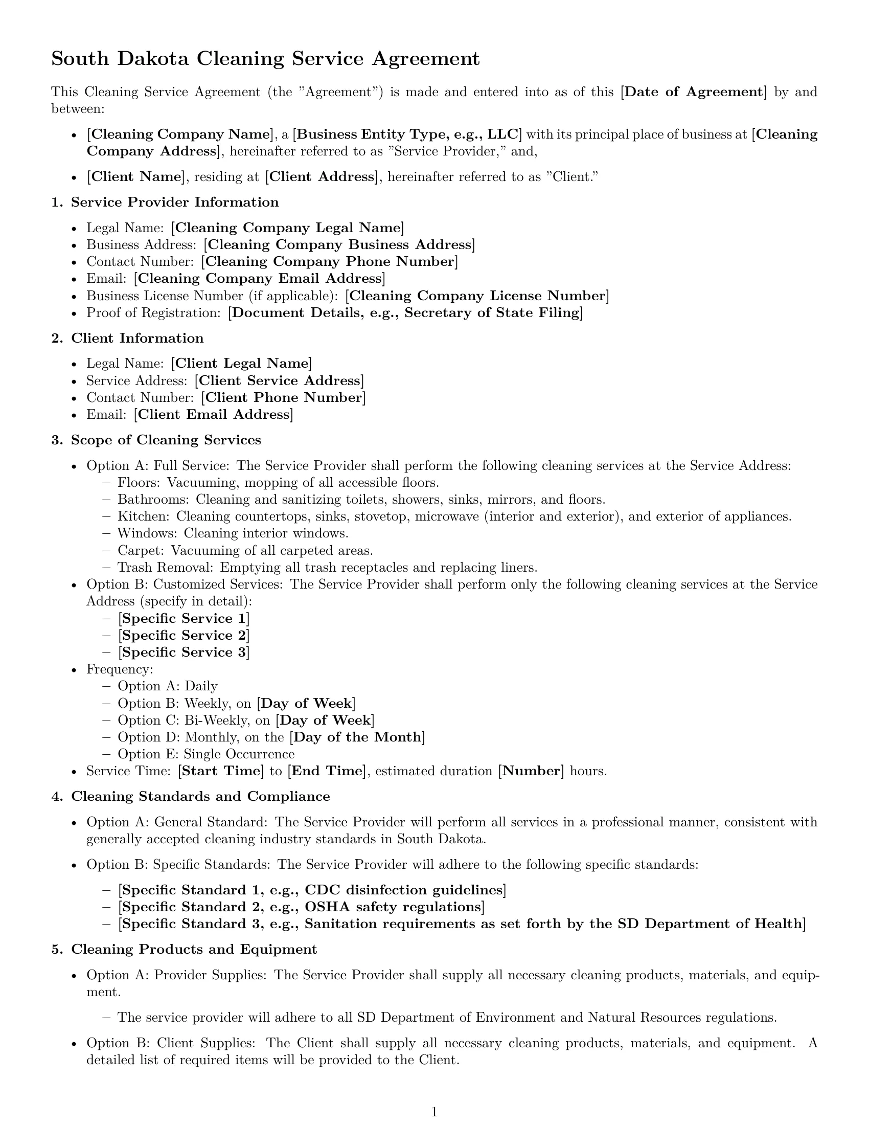 Preview page 1 of Free South Dakota cleaning service contract template