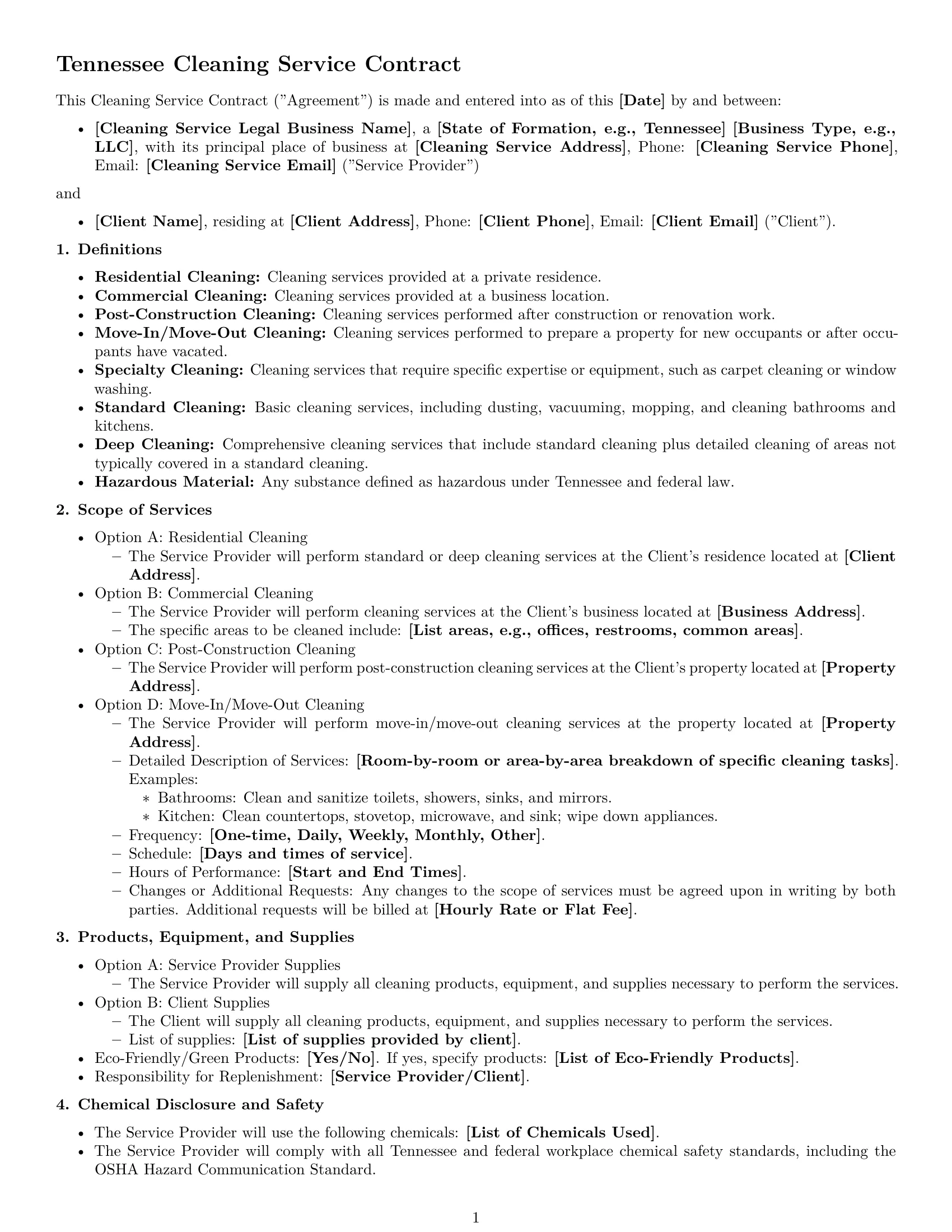 Preview page 1 of Free Tennessee cleaning service contract template