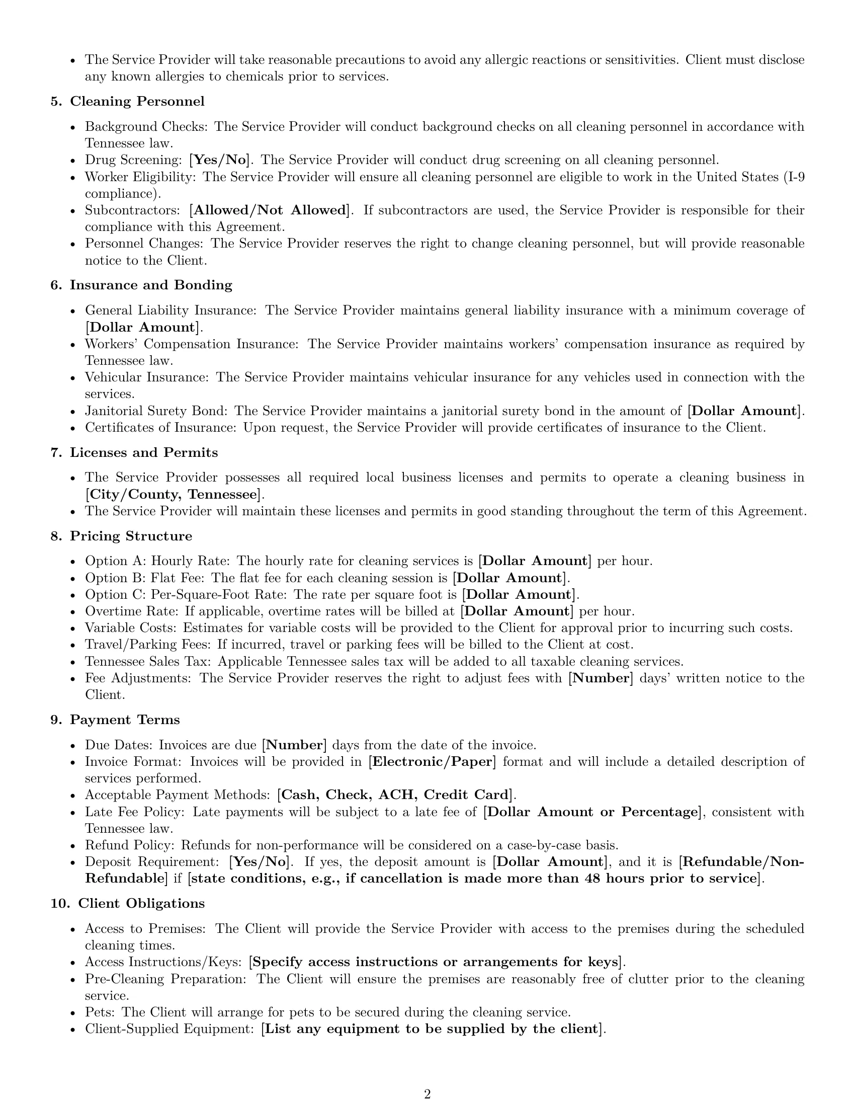 Preview page 2 of Free Tennessee cleaning service contract template